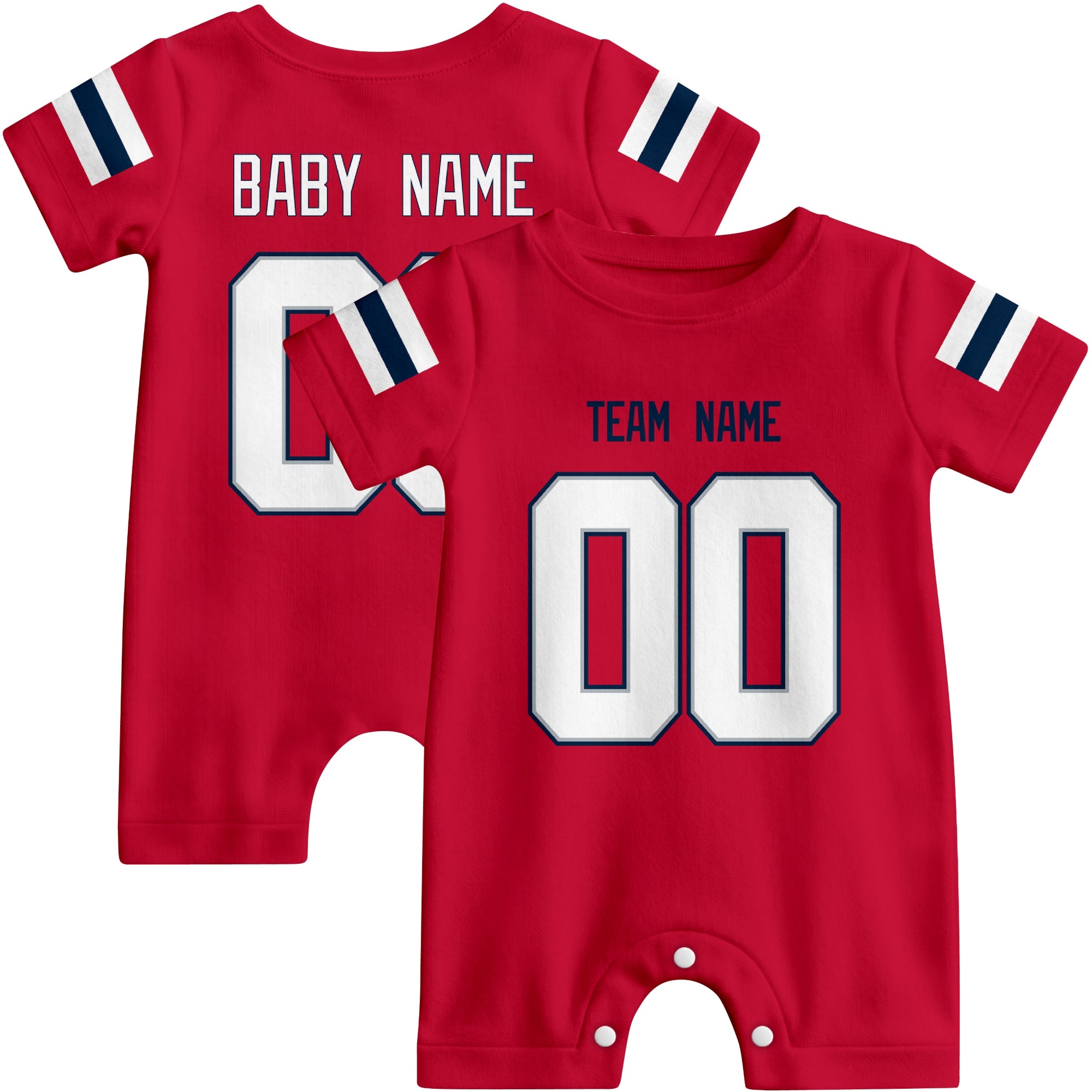 Front and back views of custom football-style baby onesie in Red and Navy colors with personalized details