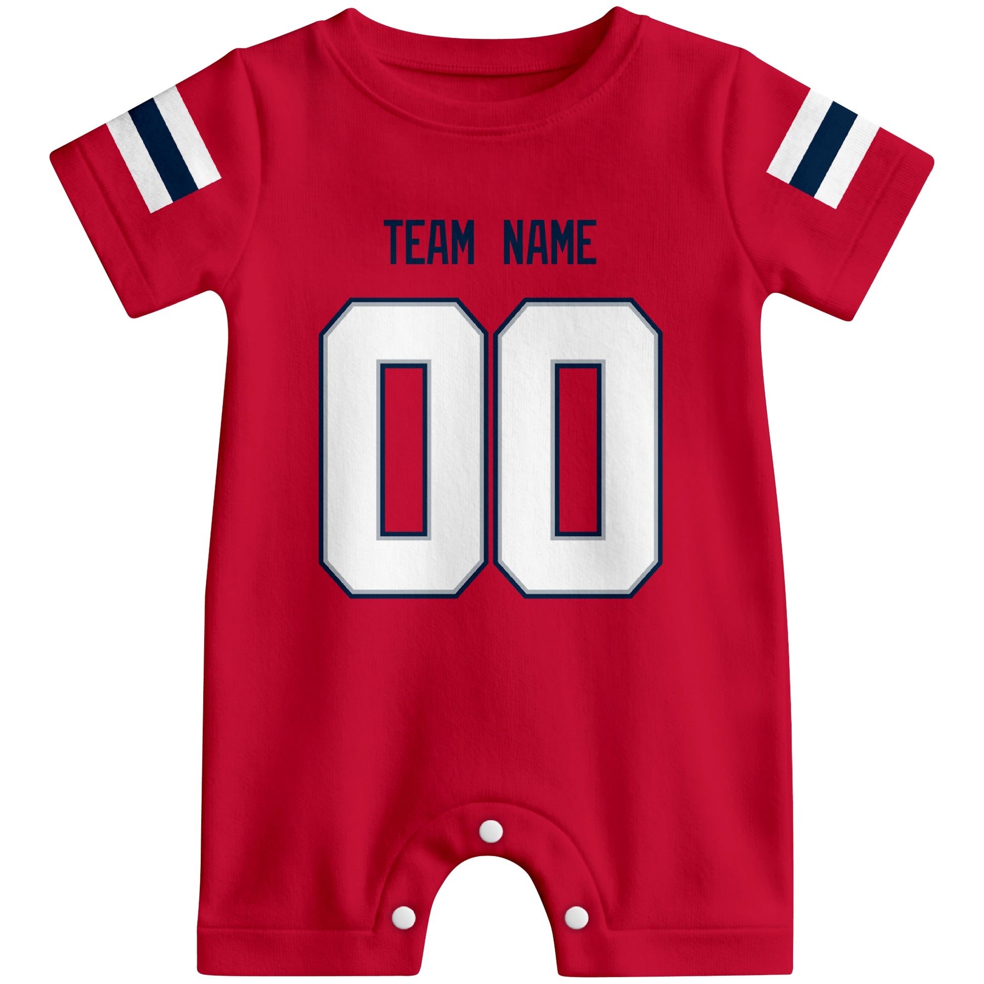 Front view of custom football-style baby onesie in Red personalized with name and number