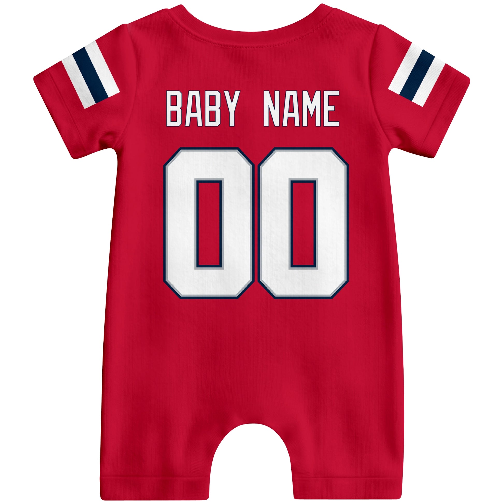Back view of custom football-style baby onesie in Red personalized with name and number
