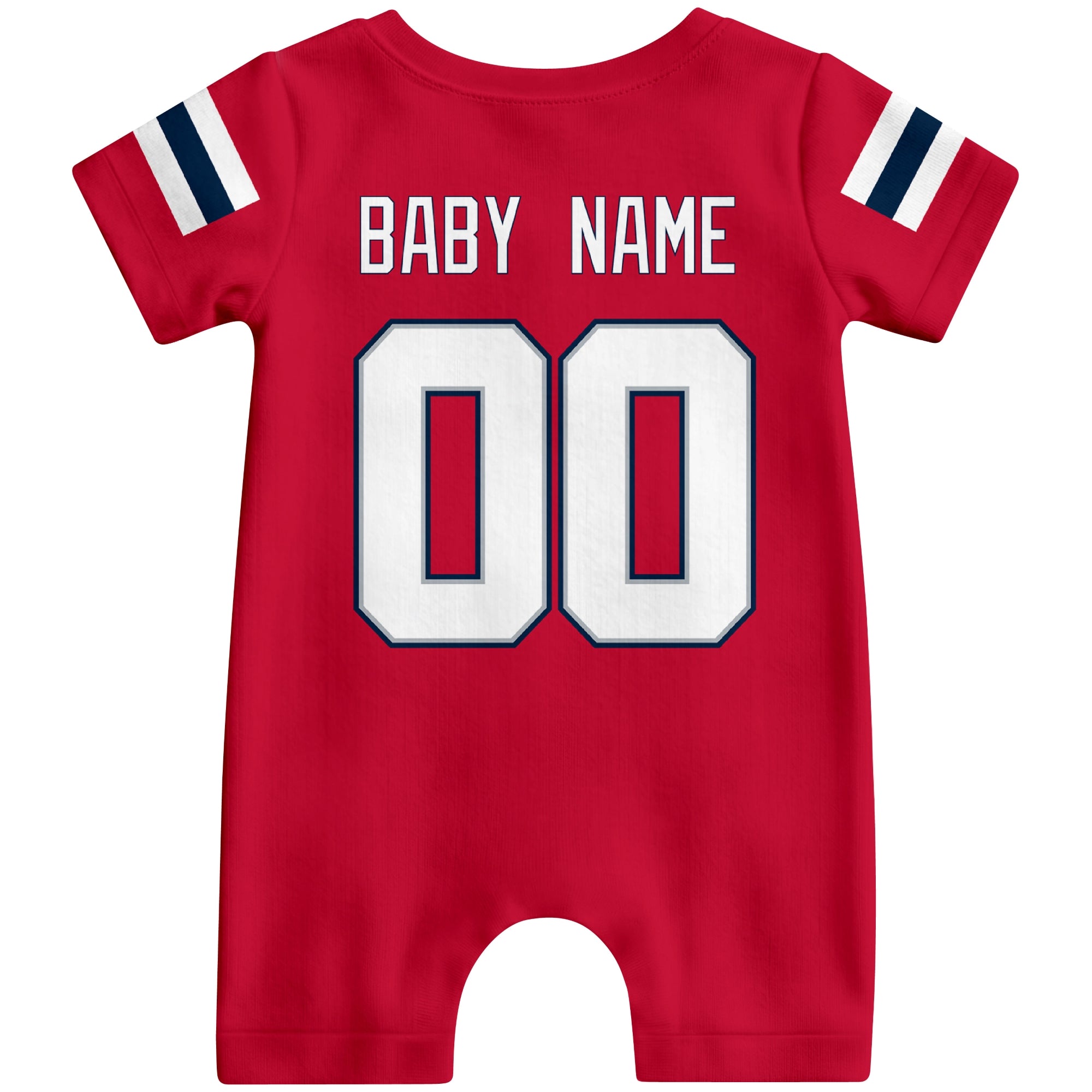 Back view of custom football-style baby onesie in Red personalized with name and number