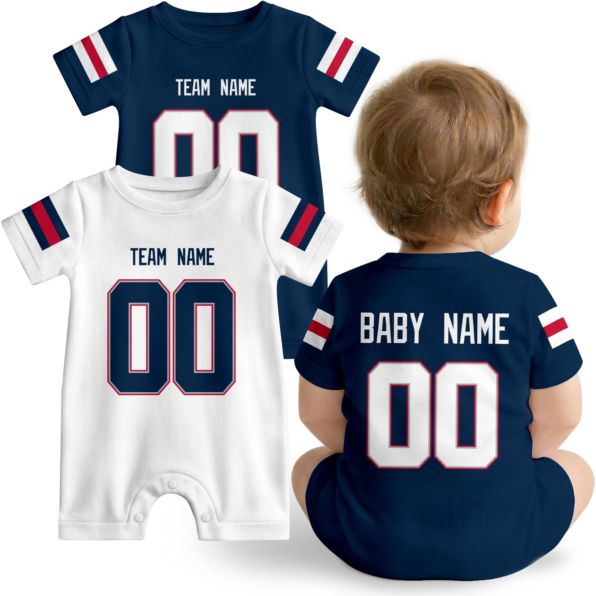 Baby wearing custom football-style onesie in Navy, White, and Red with personalized name and number