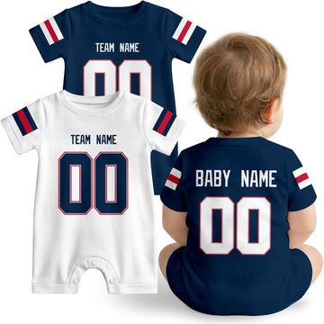 Baby wearing custom football-style onesie in Navy, White, and Red with personalized name and number