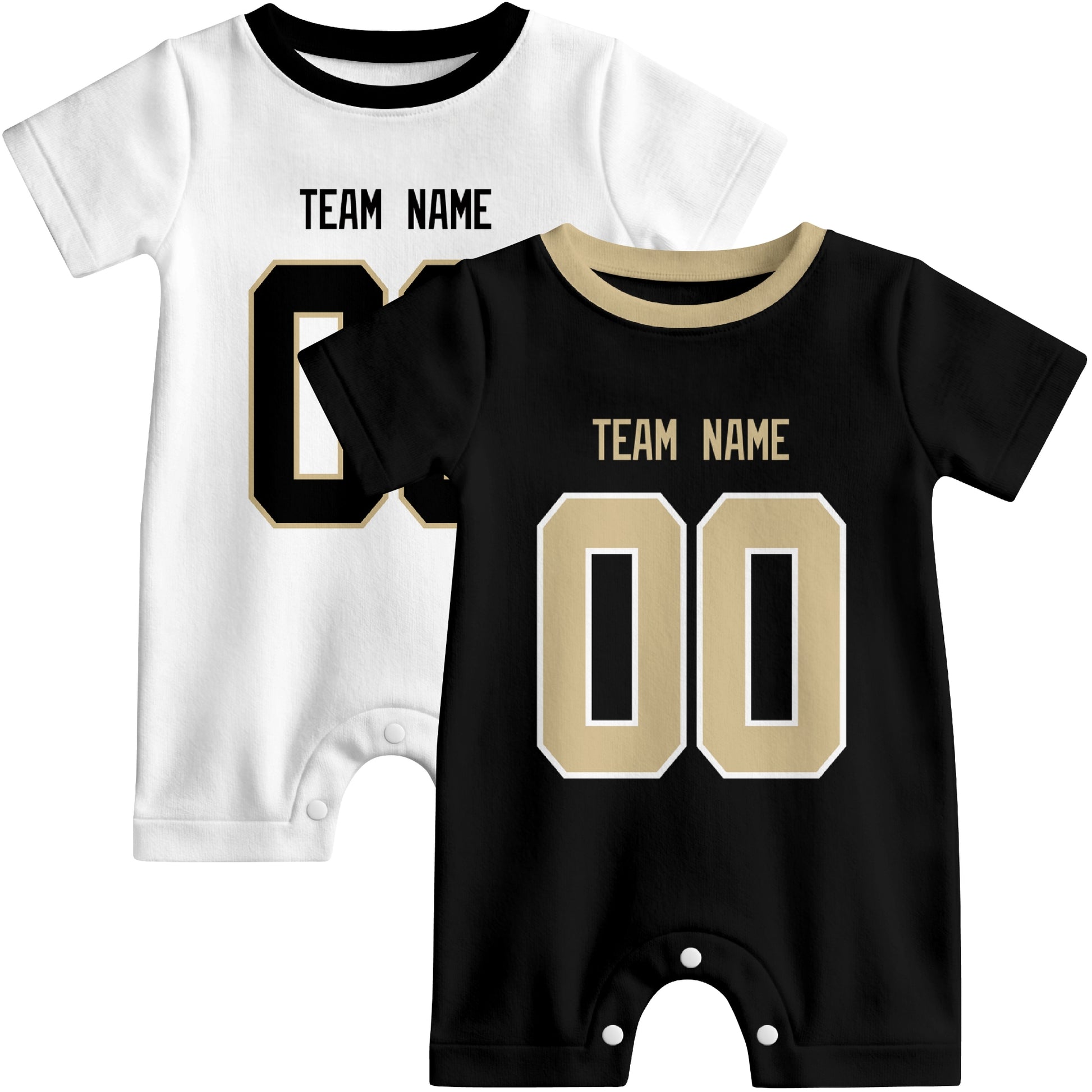 Custom football-style baby onesie color options in Black and White
