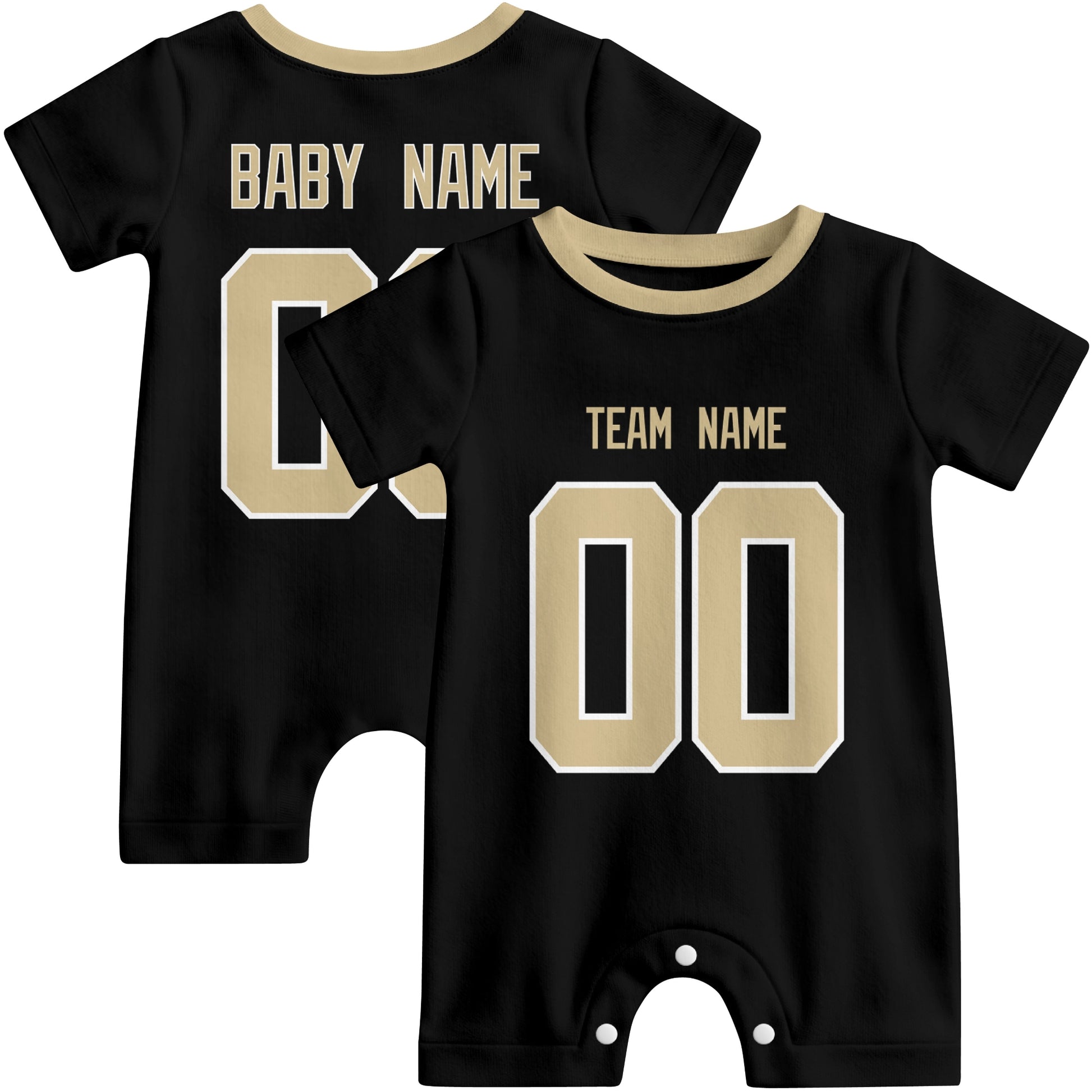 Front and back views of custom football-style baby onesie in Black and White colors with personalized details