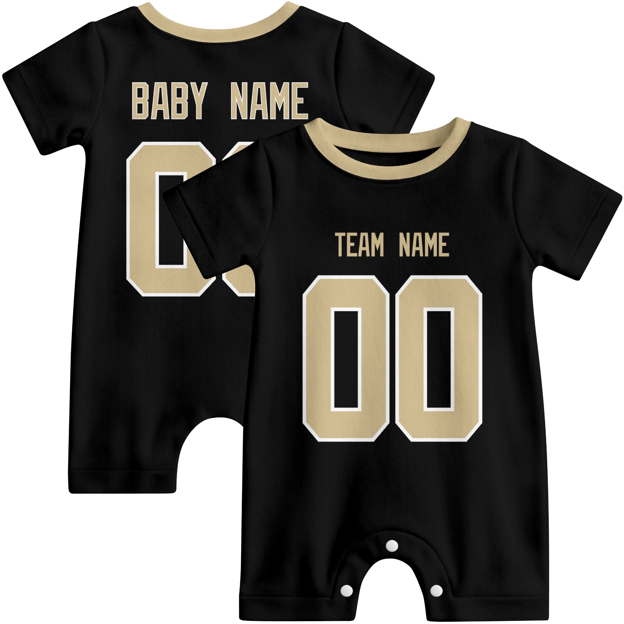 Front and back views of custom football-style baby onesie in Black and White colors with personalized details