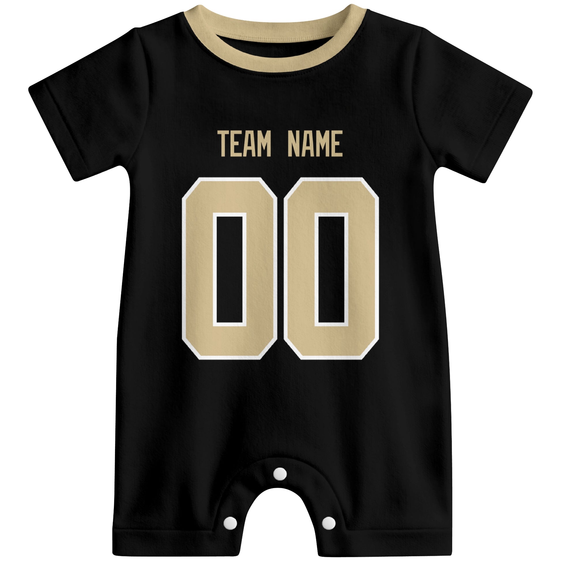 Front view of custom football-style baby onesie in Black personalized with team name and number
