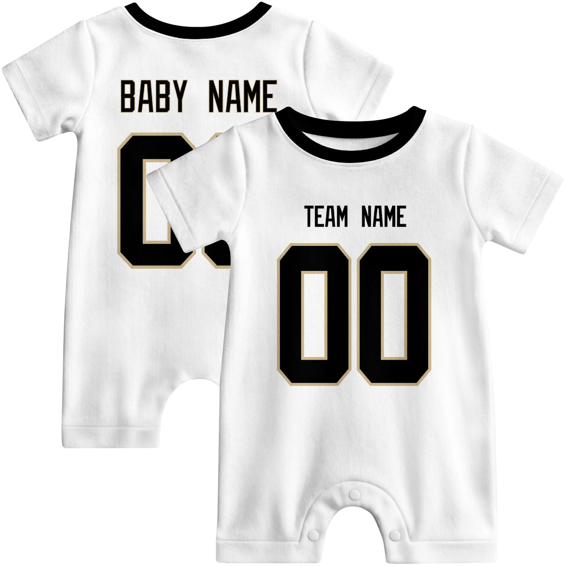 Front and back views of custom football-style baby onesie in White and Black colors with personalized details