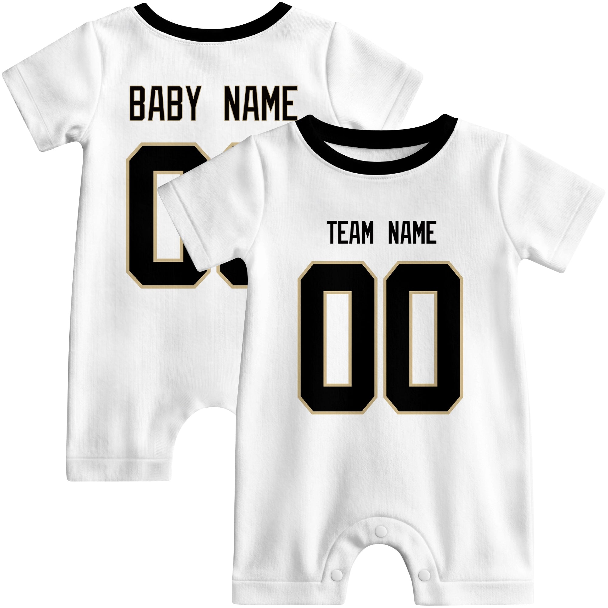 Front and back views of custom football-style baby onesie in White and Black colors with personalized details