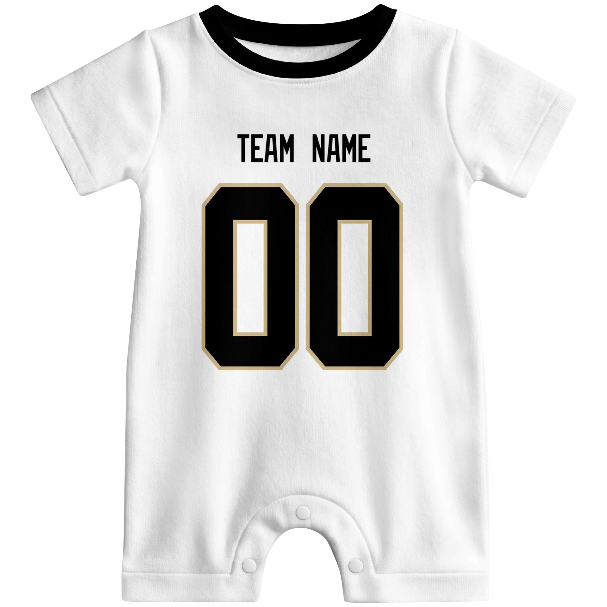 Front view of custom football-style baby onesie in White personalized with name and number
