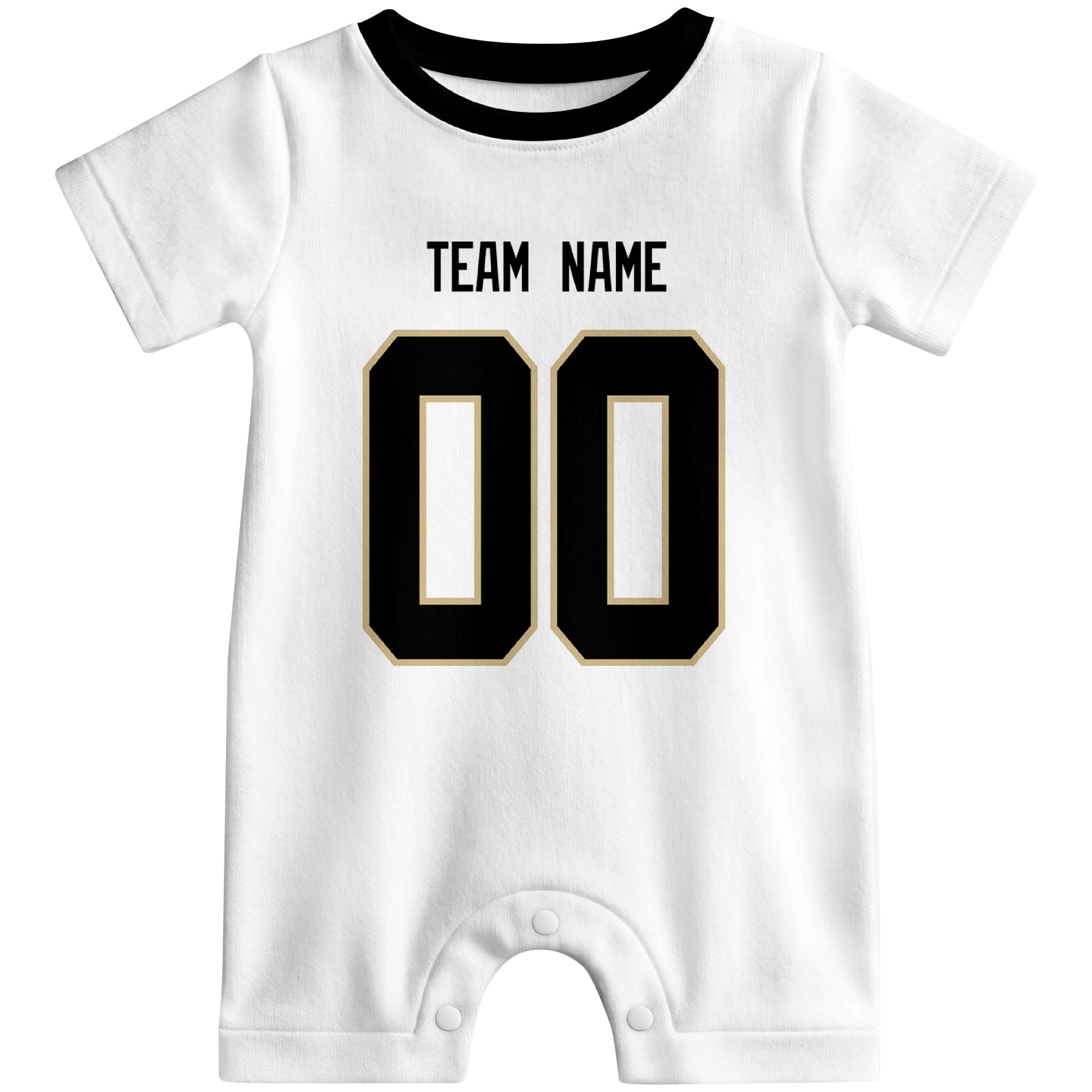 Front view of custom football-style baby onesie in White personalized with name and number