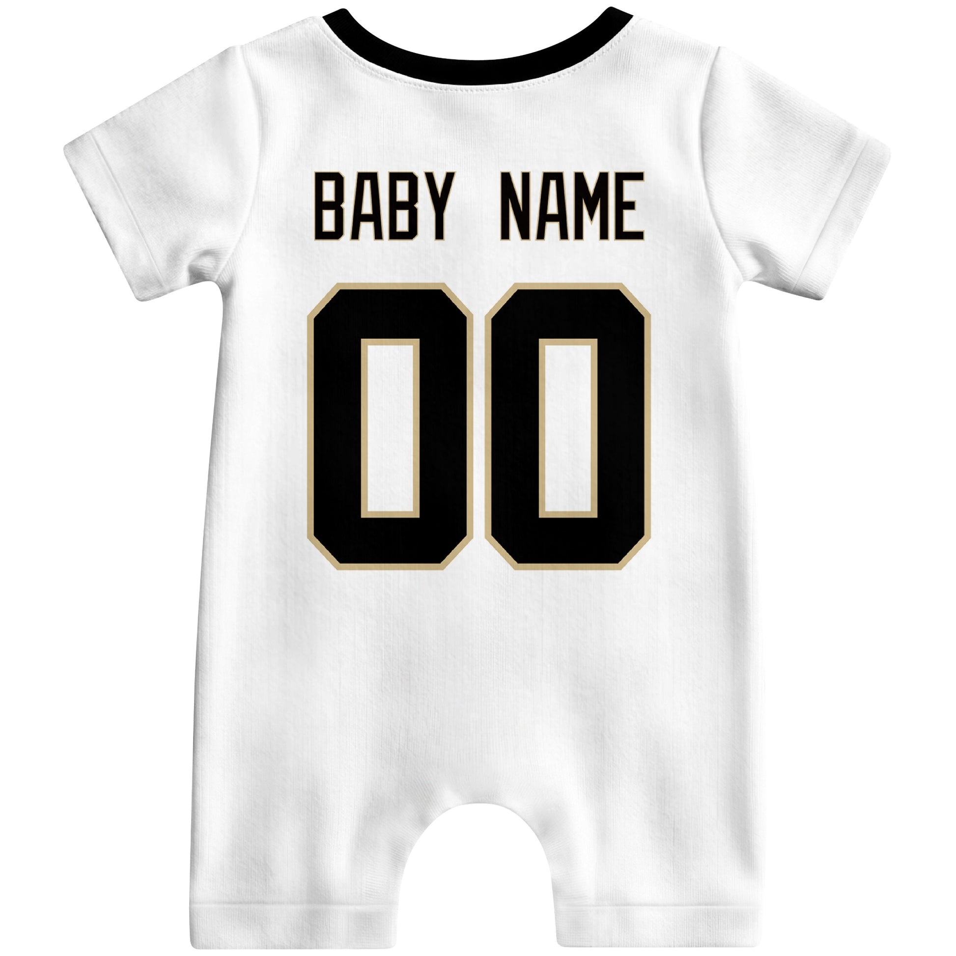 Back view of custom football-style baby onesie in White personalized with name and number