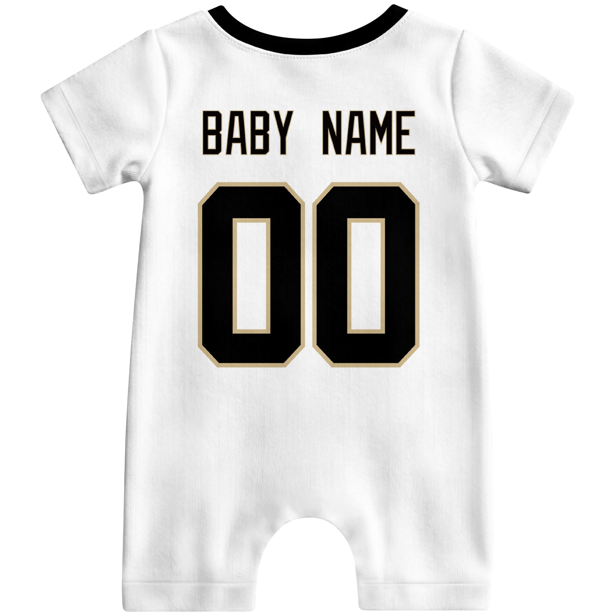 Back view of custom football-style baby onesie in White personalized with name and number