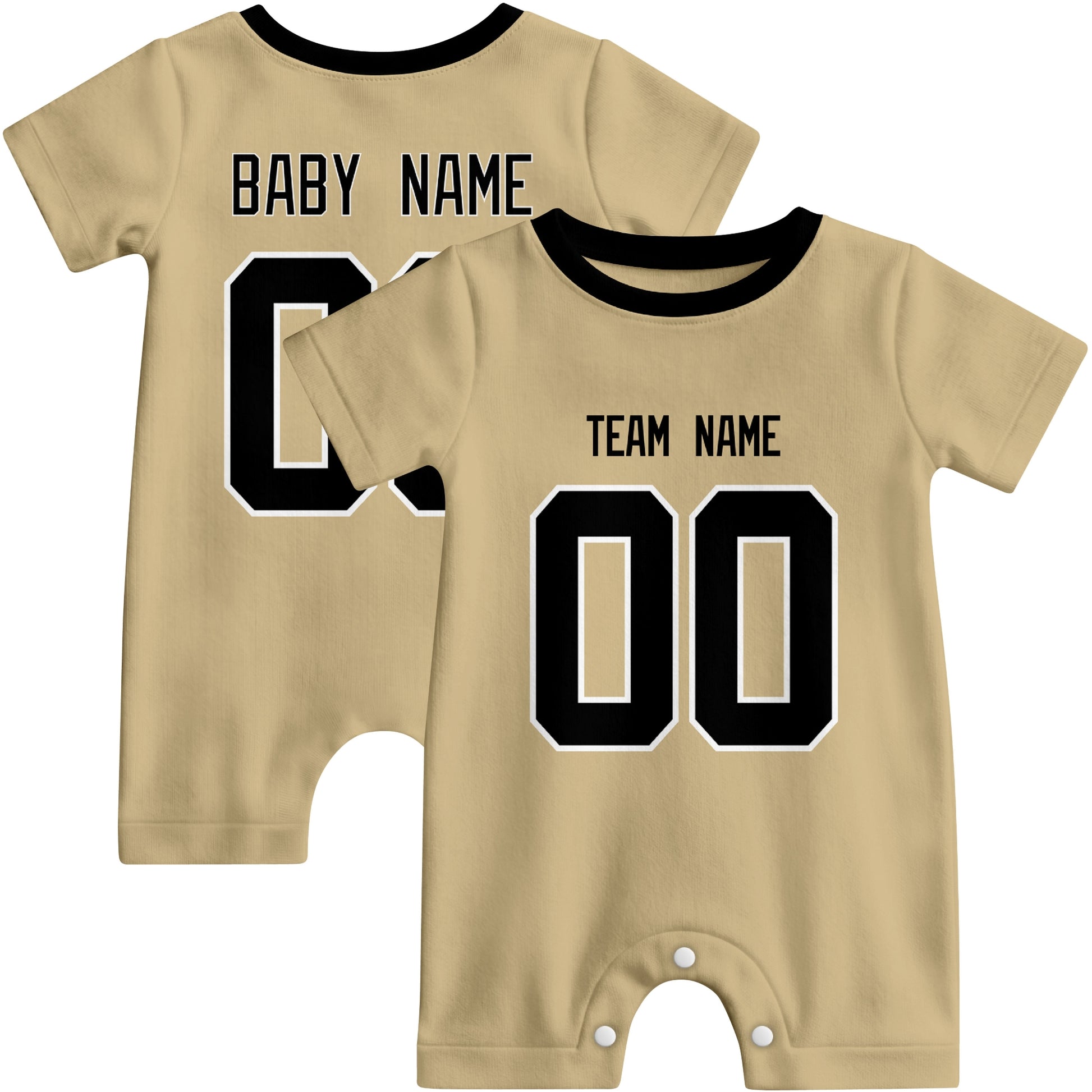 Front and back views of custom football-style baby onesie in Gold and Black colors with personalized details