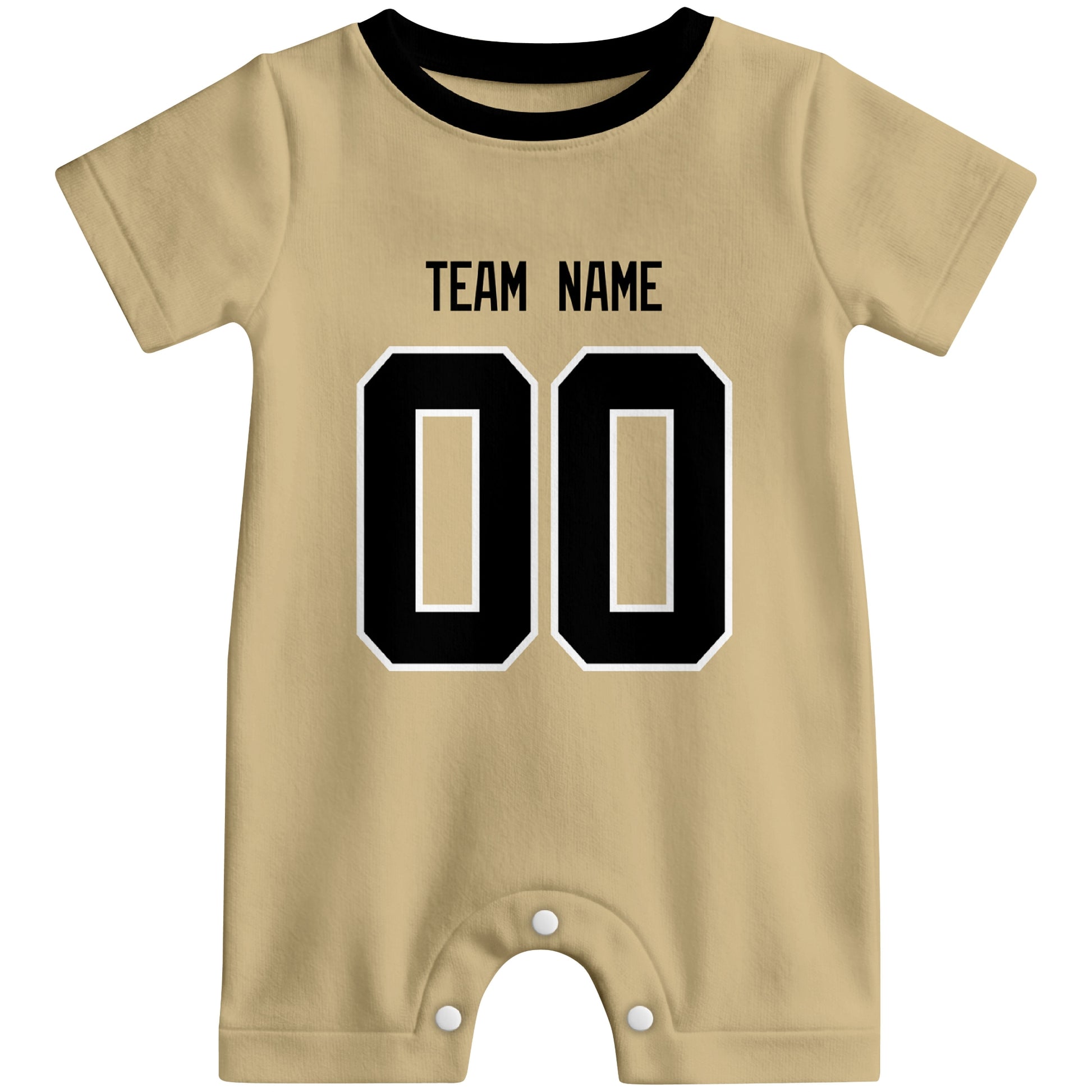 Front view of custom football-style baby onesie in Gold personalized with name and number