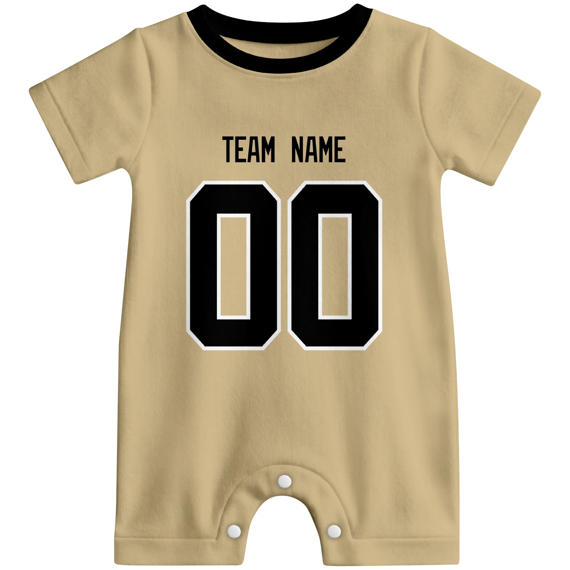 Front view of custom football-style baby onesie in Gold personalized with name and number