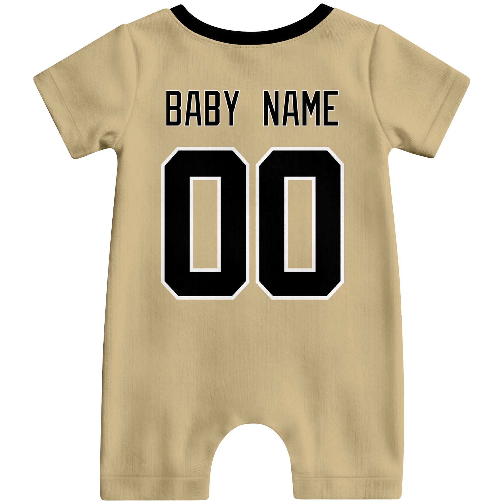 Back view of custom football-style baby onesie in Gold personalized with name and number
