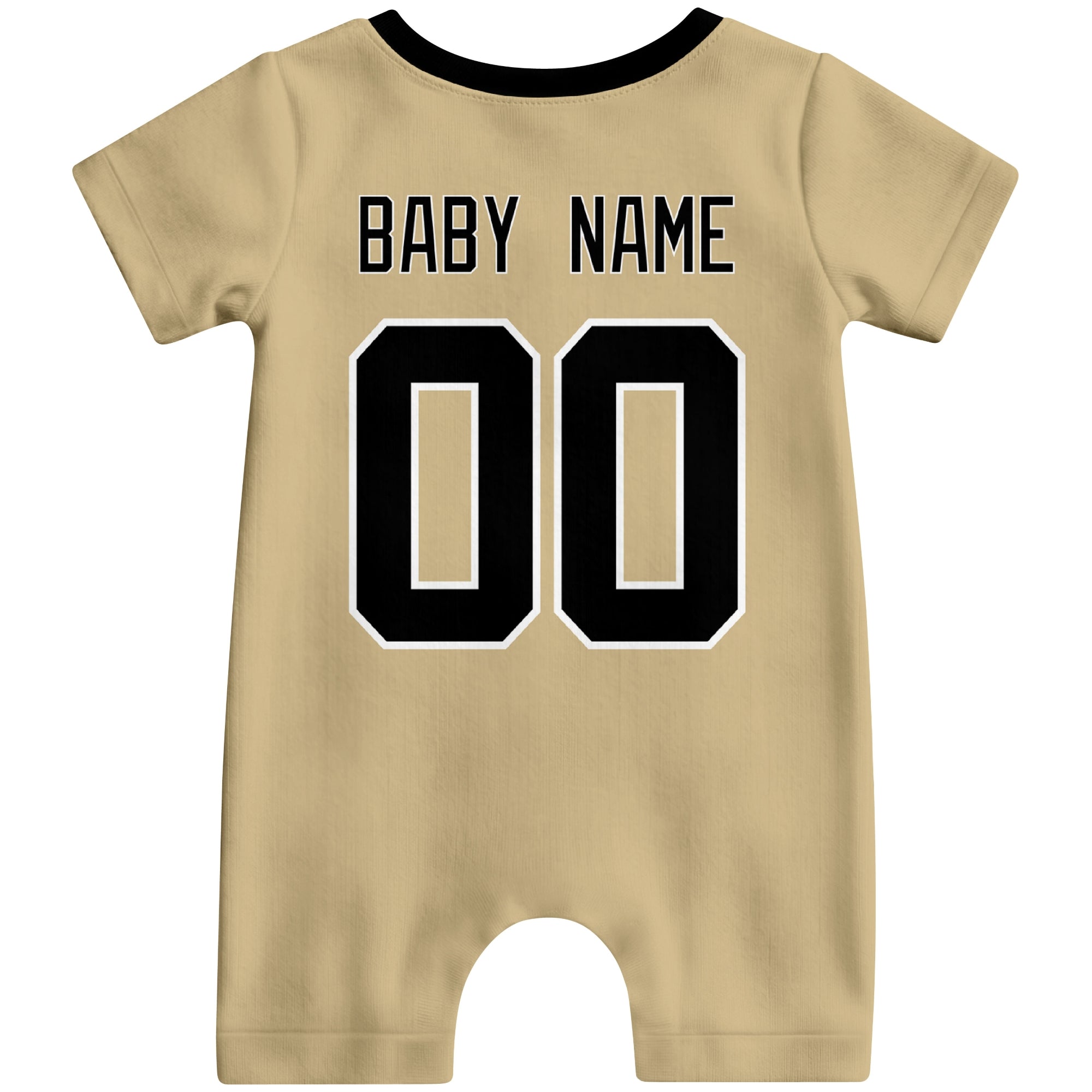 Back view of custom football-style baby onesie in Gold personalized with name and number