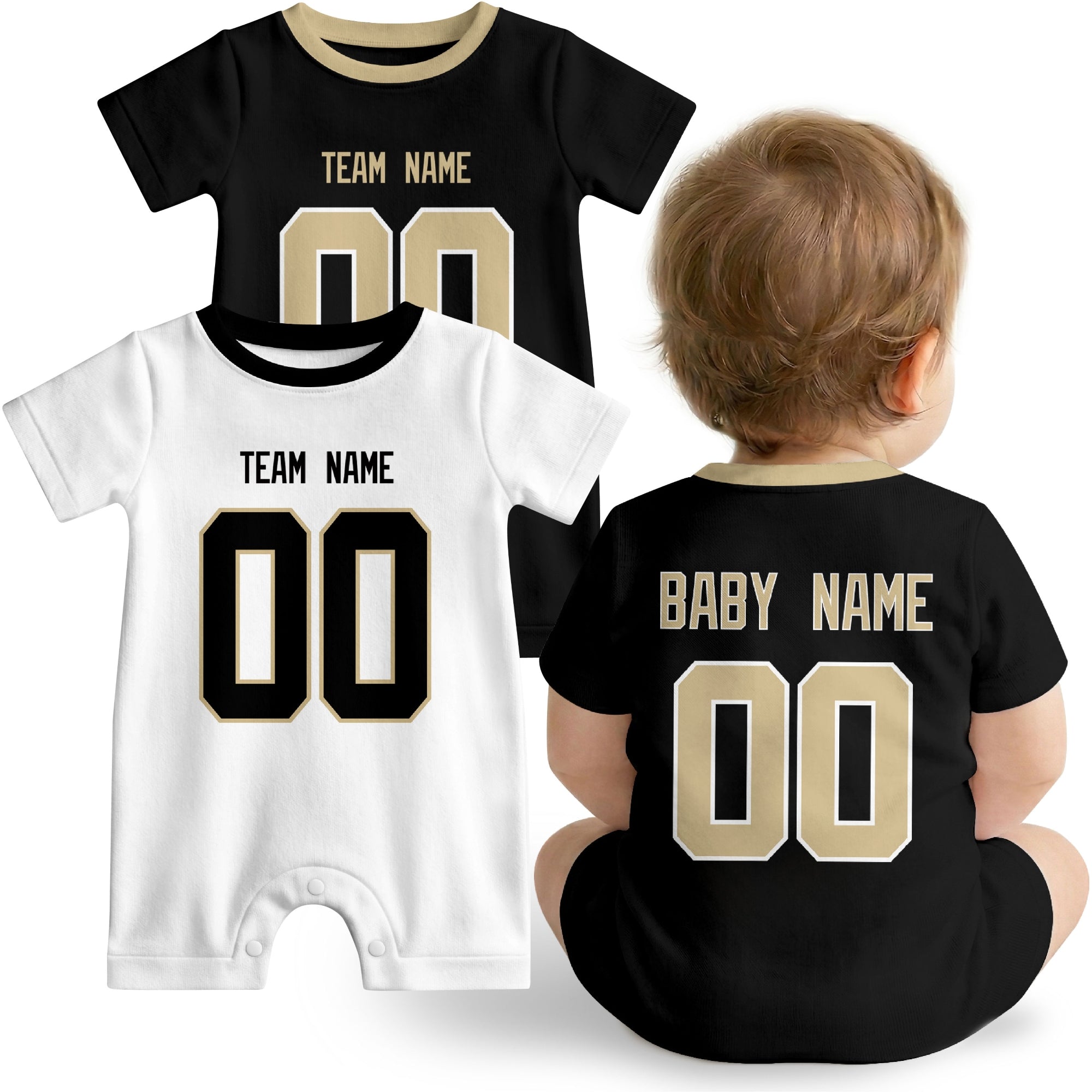 Baby wearing custom football-style onesie in Black, White, and Gold with personalized name and number