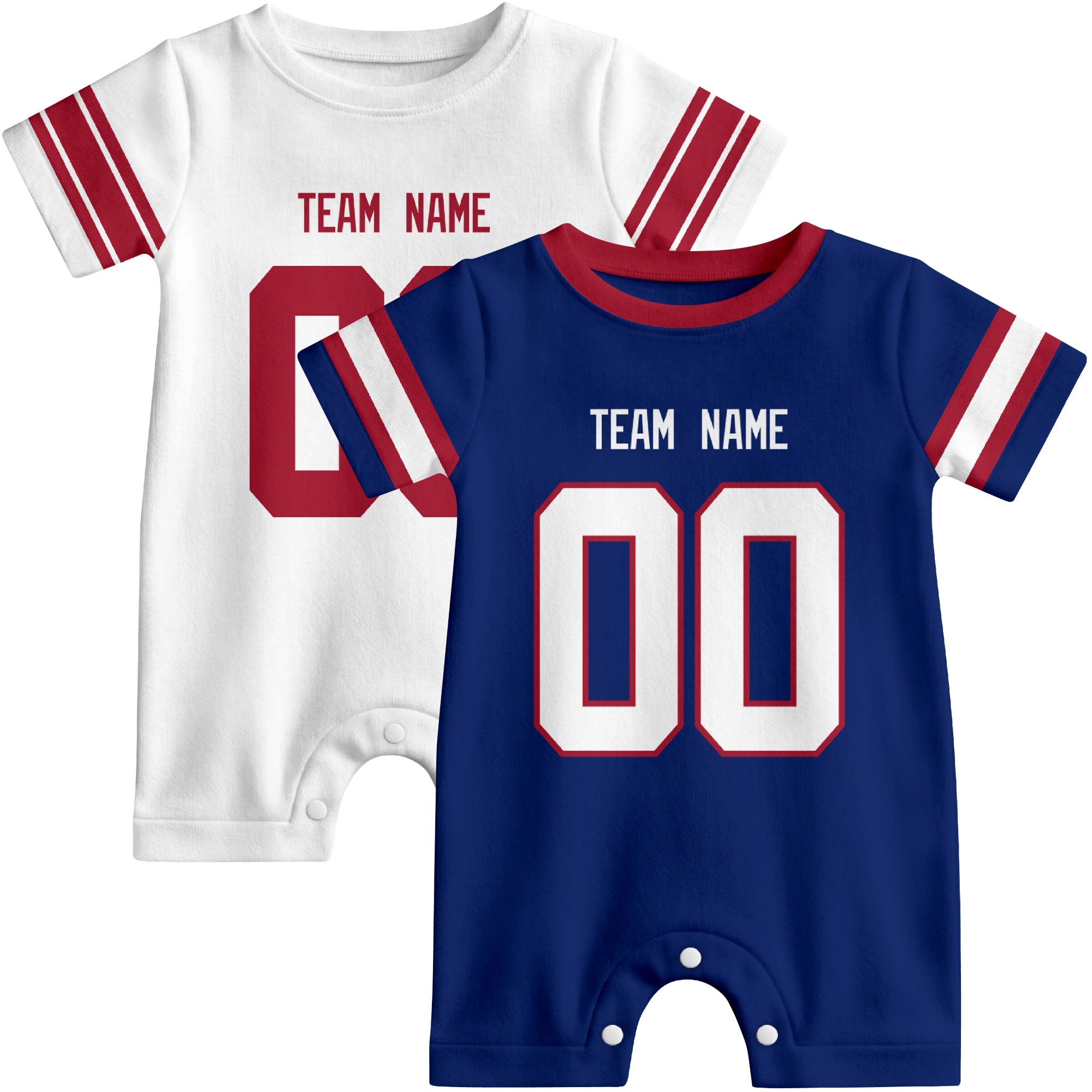 Custom football-style baby onesie color options in Royal and White