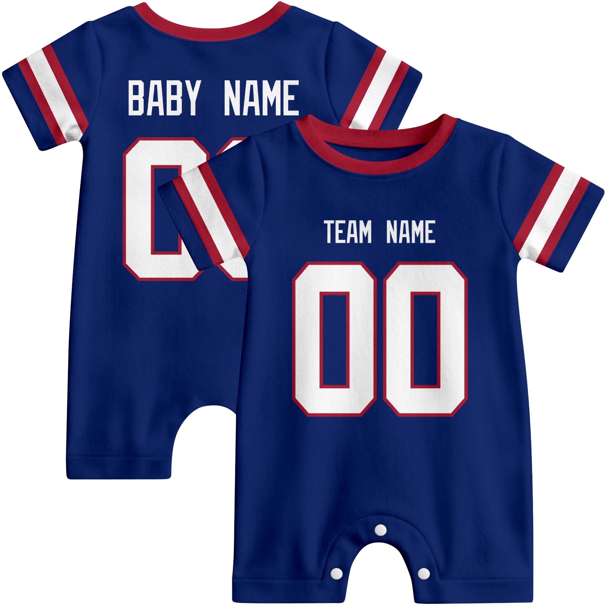 Front and back views of custom football-style baby onesie in Royal and White colors with personalized details
