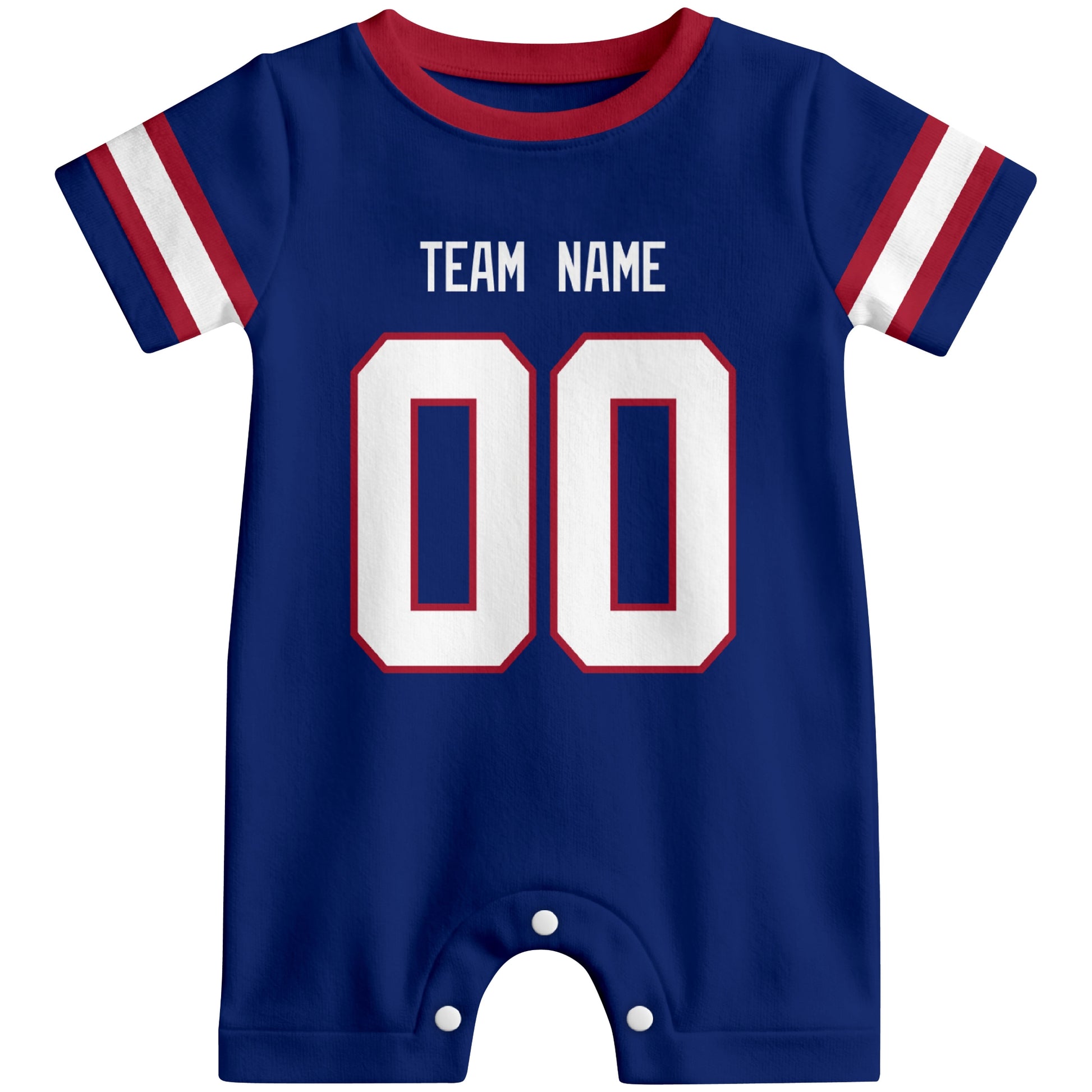 Front view of custom football-style baby onesie in Royal personalized with team name and number