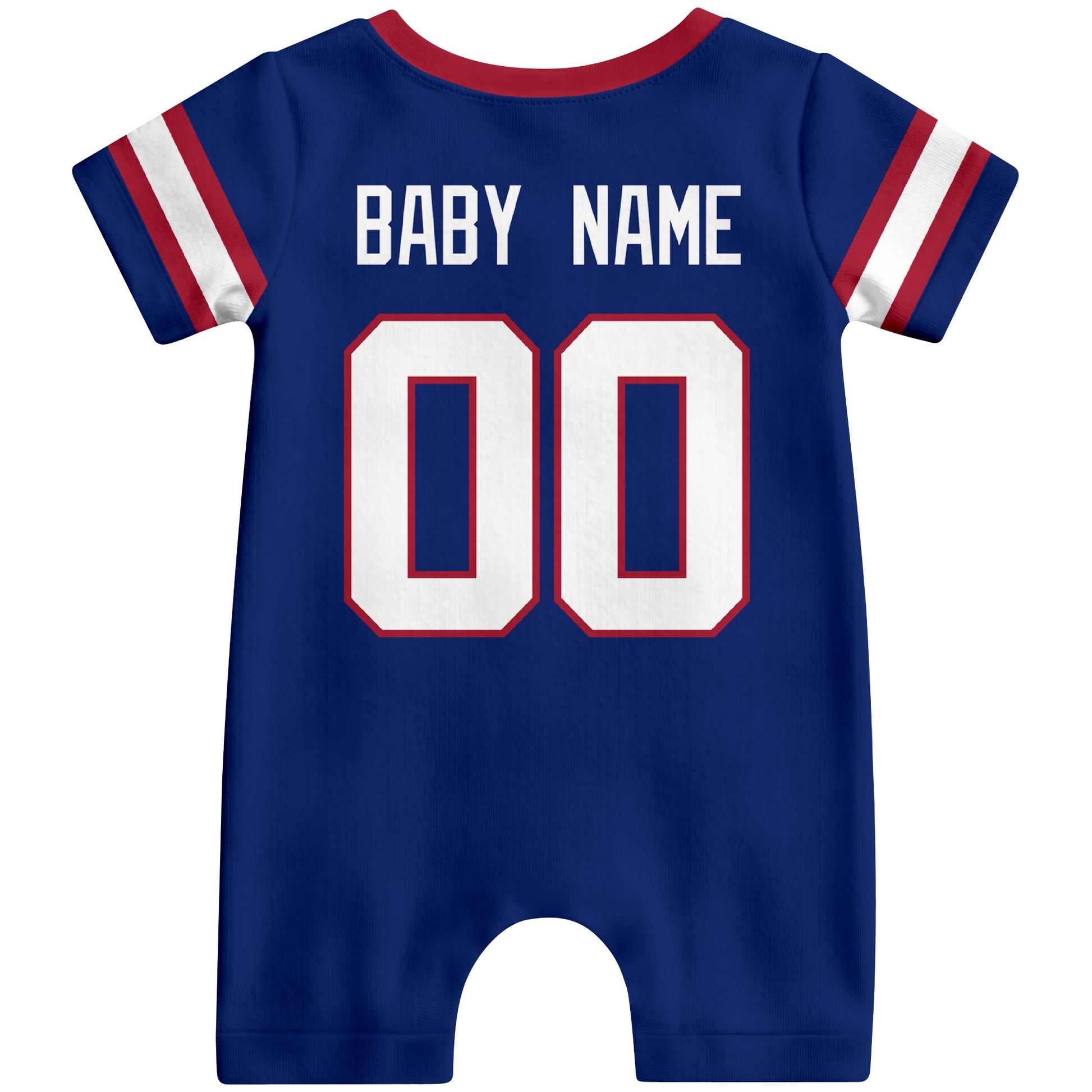 Back view of custom football-style baby onesie in Royal personalized with baby name and number