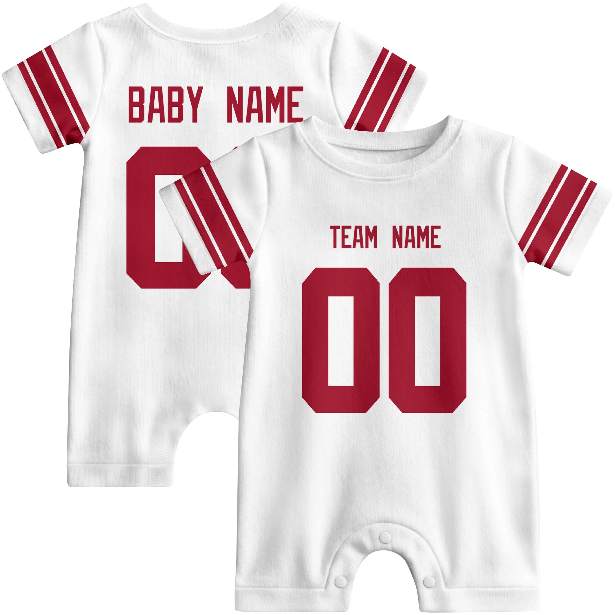 Front and back views of custom football-style baby onesie in White and Royal colors with personalized details