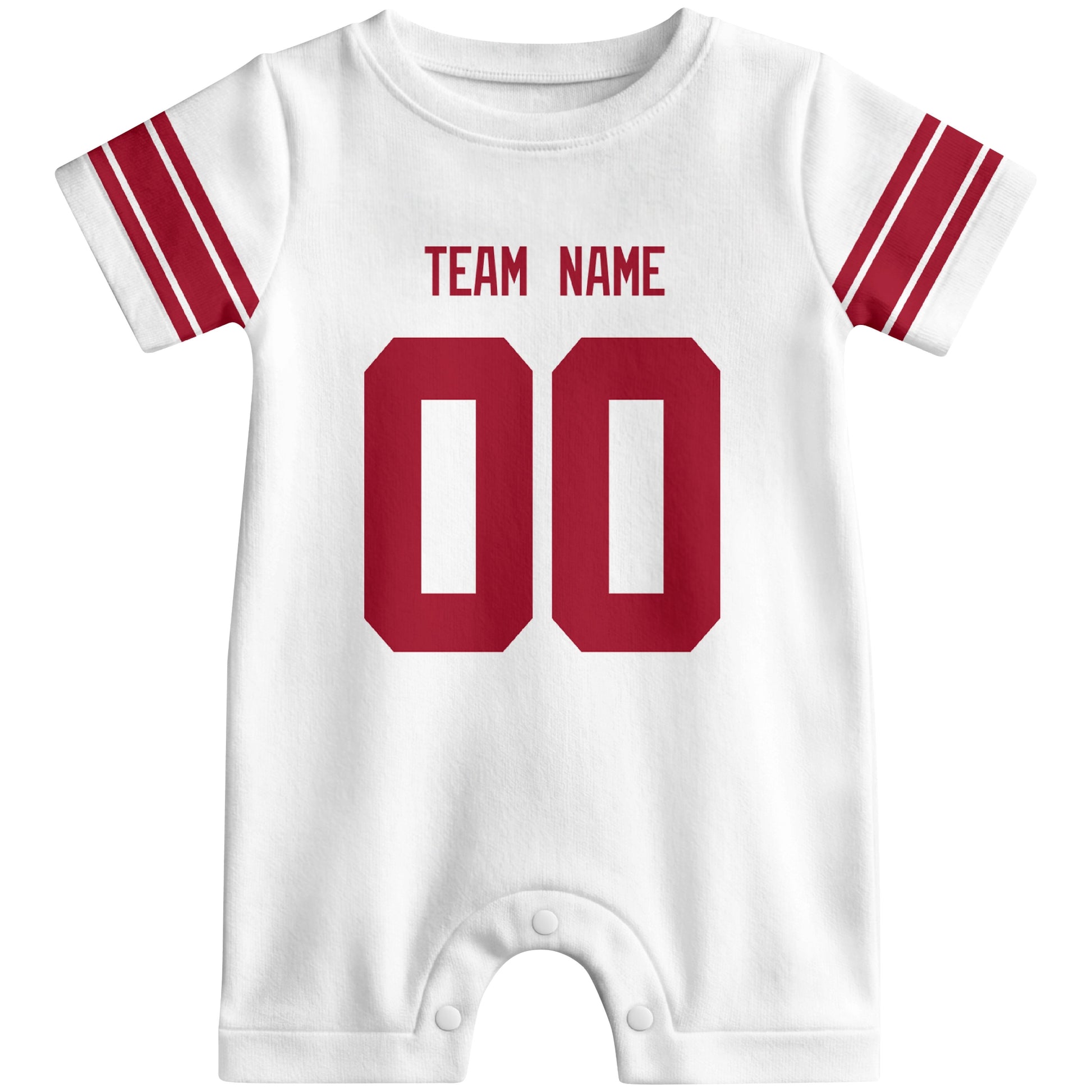 Front view of custom football-style baby onesie in White personalized with name and number
