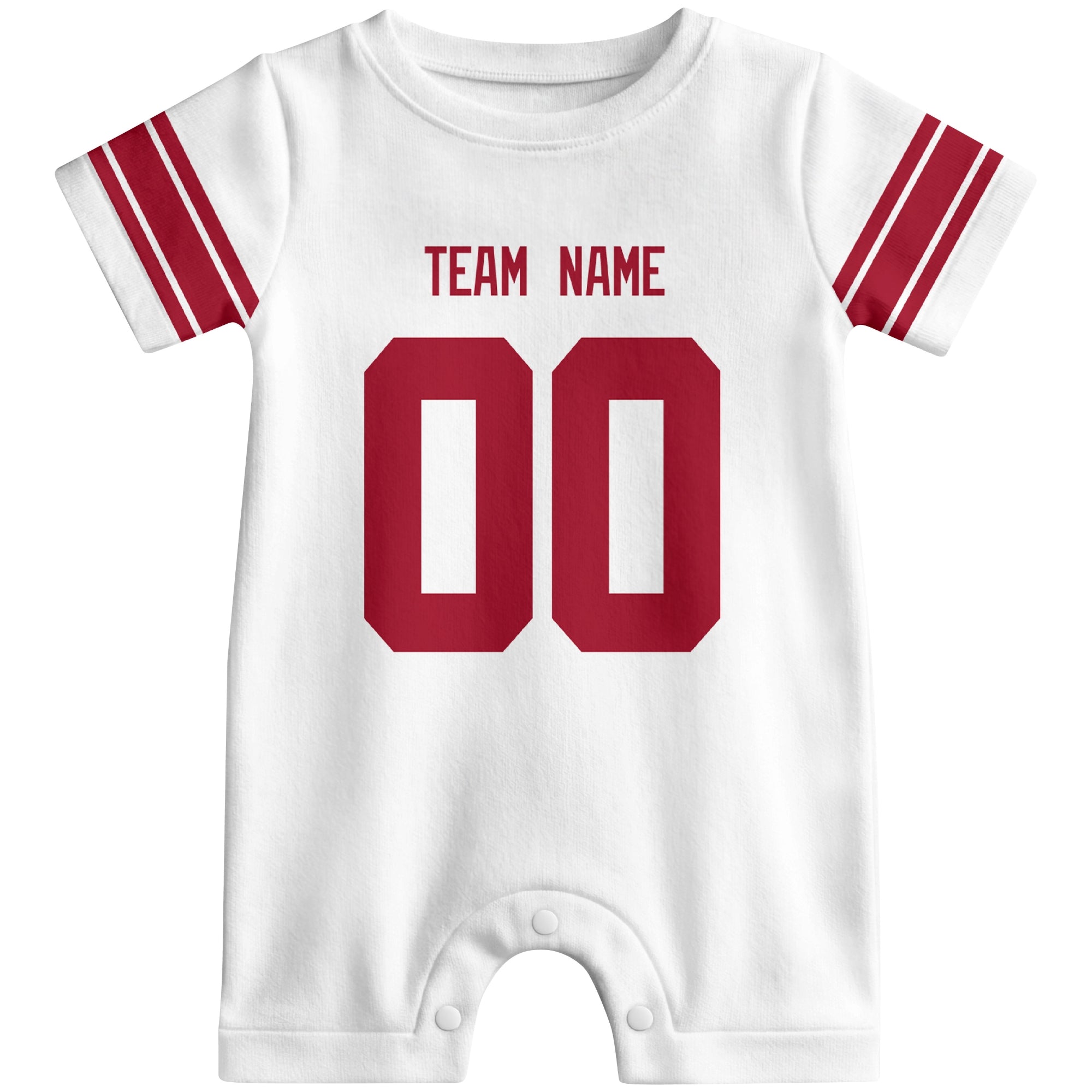 Front view of custom football-style baby onesie in White personalized with name and number