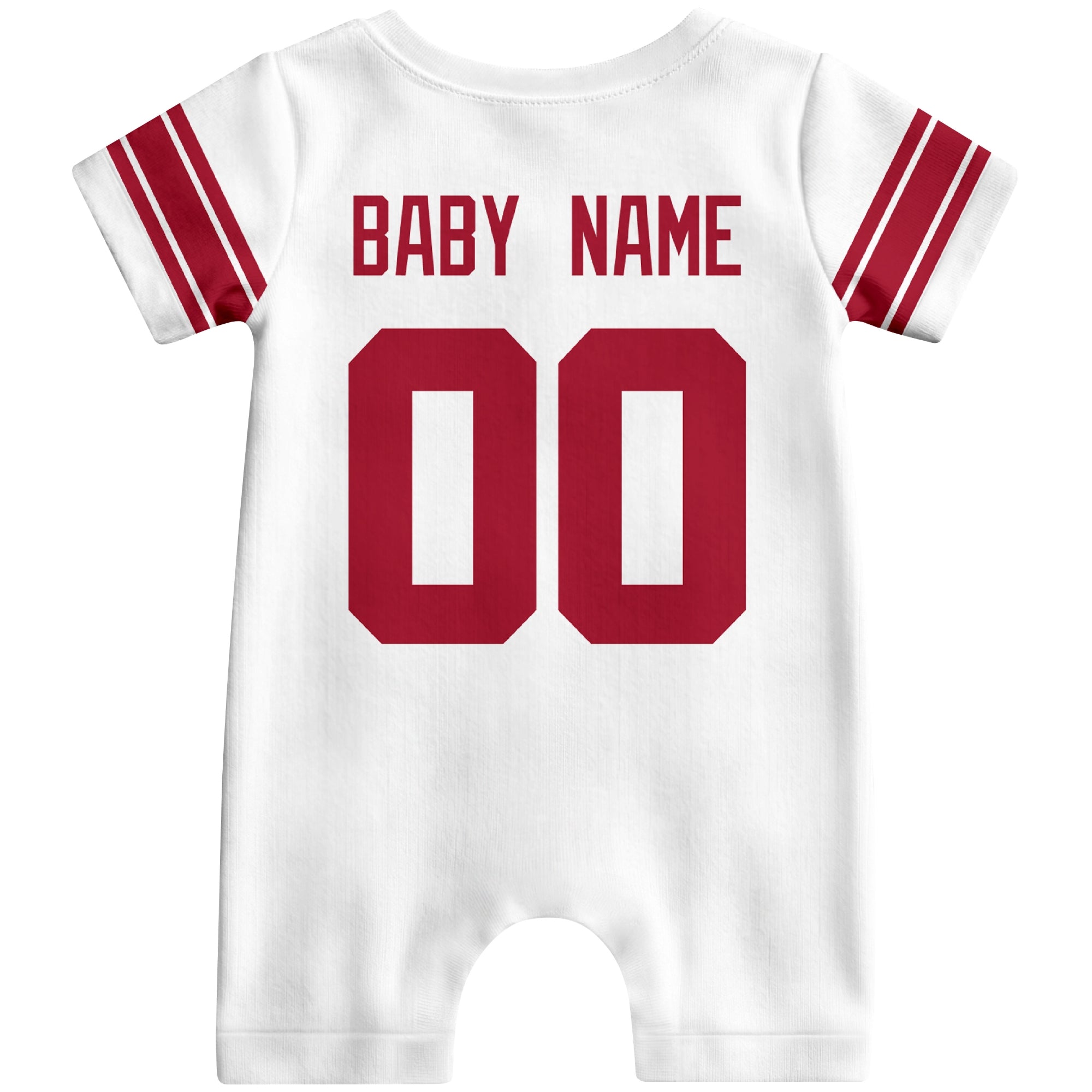 Back view of custom football-style baby onesie in White personalized with name and number