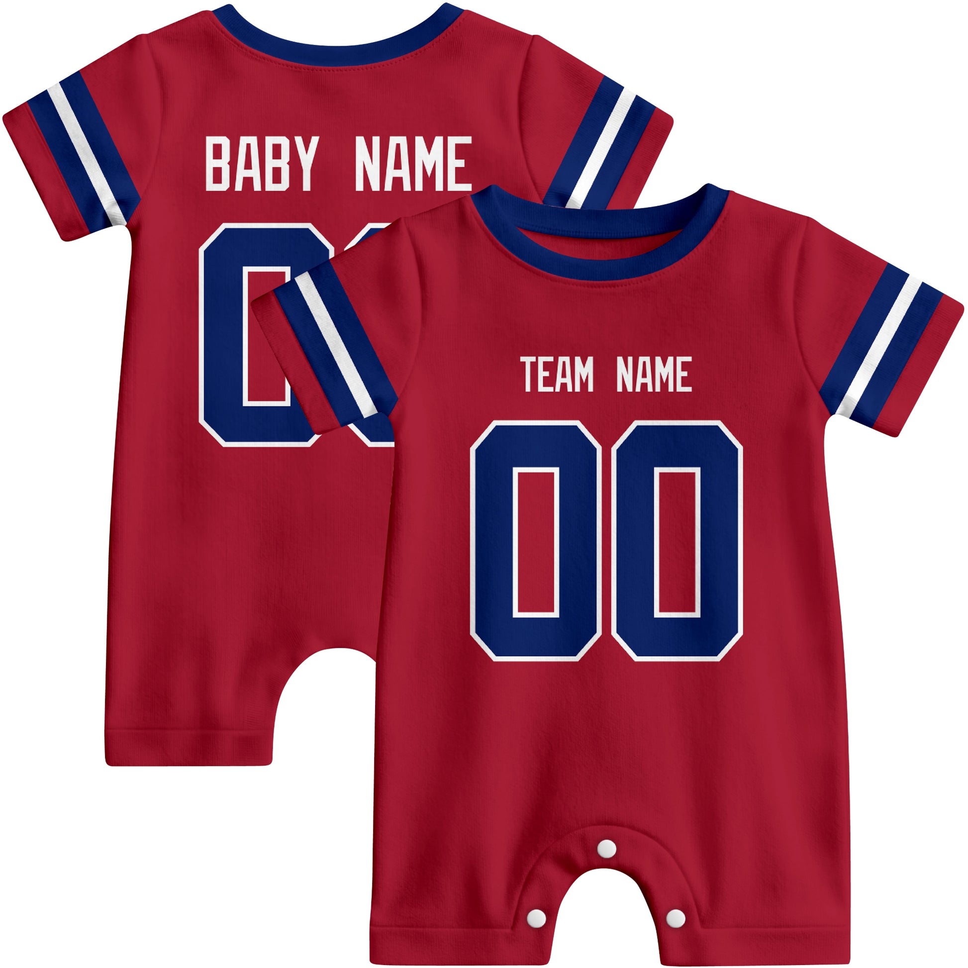 Front and back views of custom football-style baby onesie in Red and Royal colors with personalized details