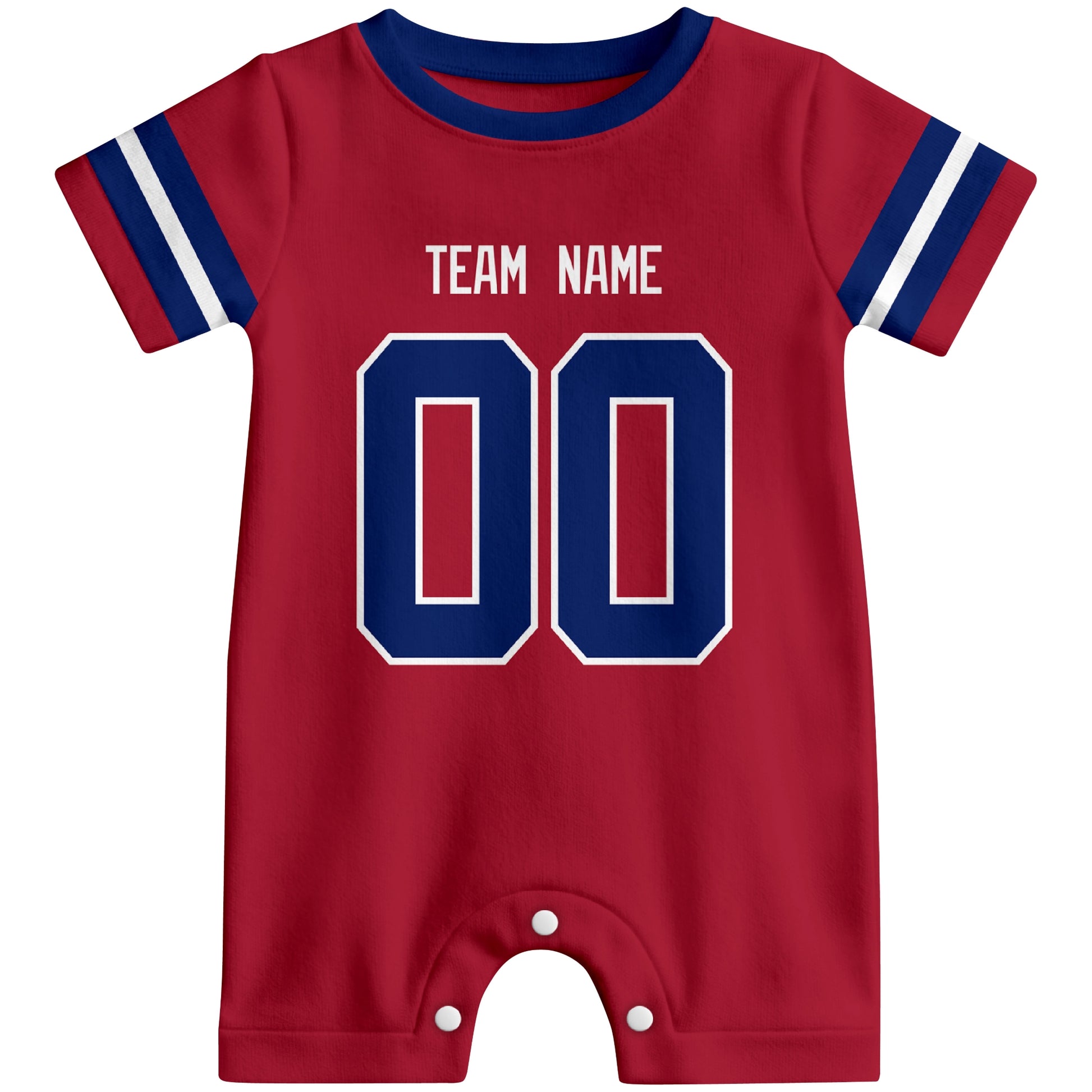 Front view of custom football-style baby onesie in Red personalized with name and number
