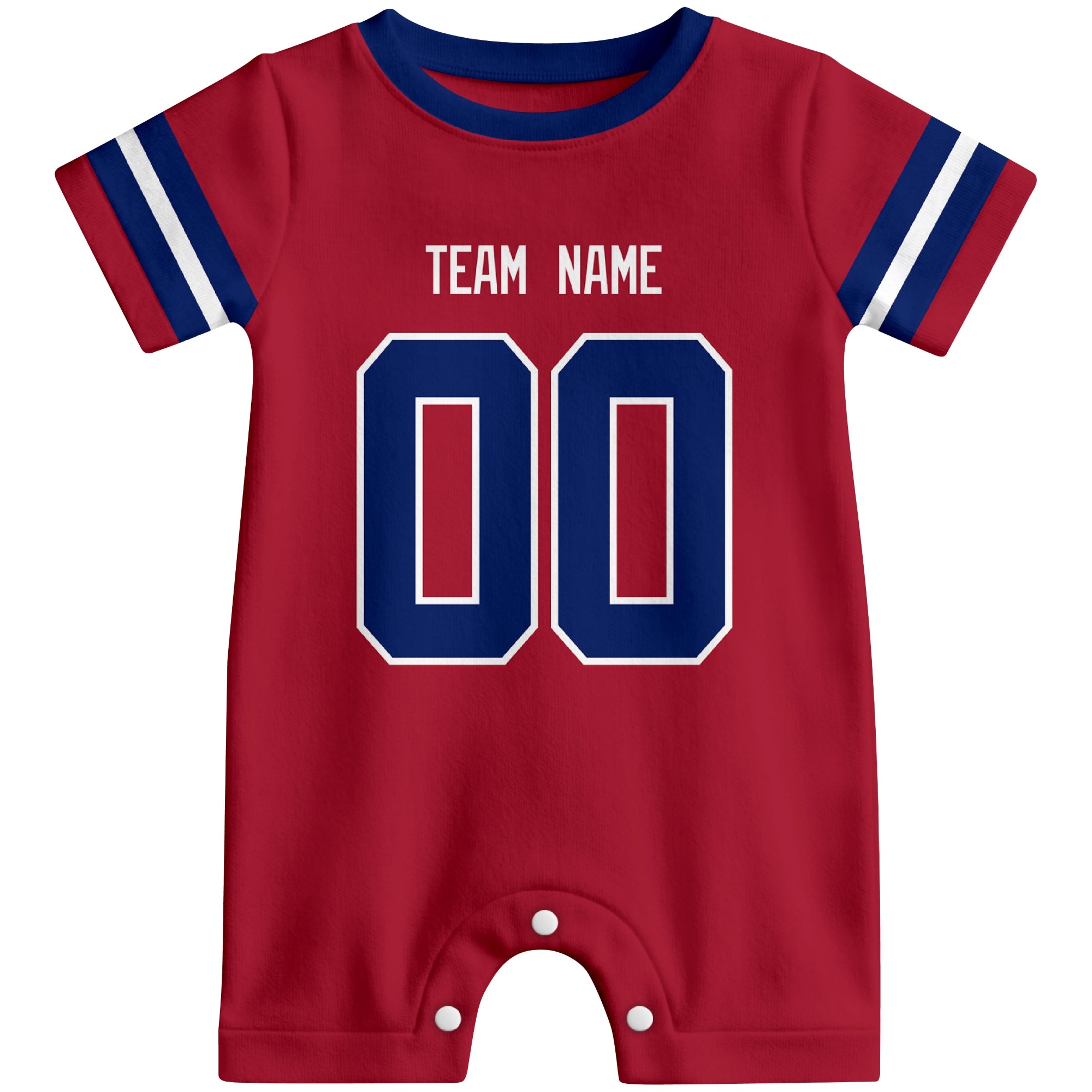 Front view of custom football-style baby onesie in Red personalized with name and number