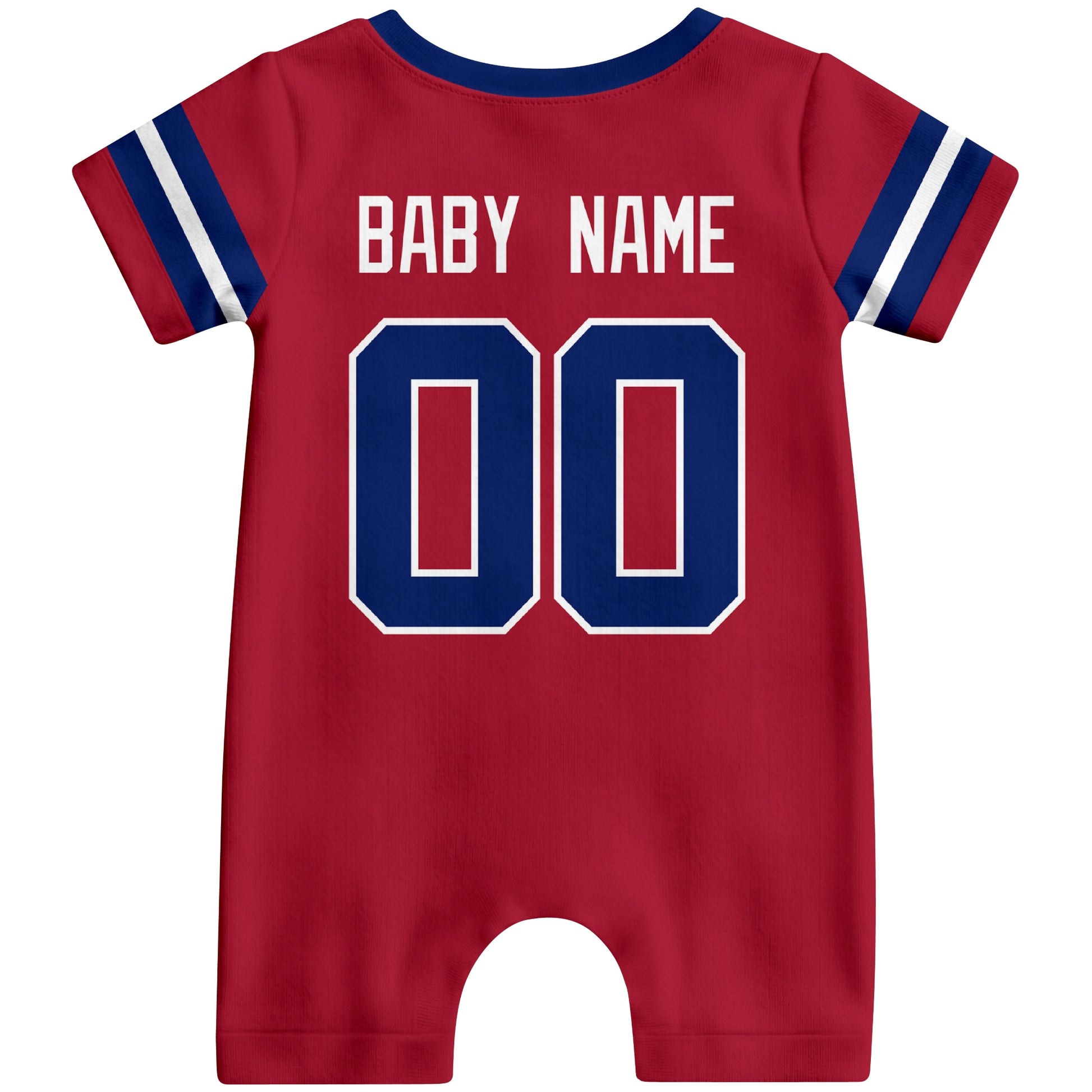 Back view of custom football-style baby onesie in Red personalized with name and number