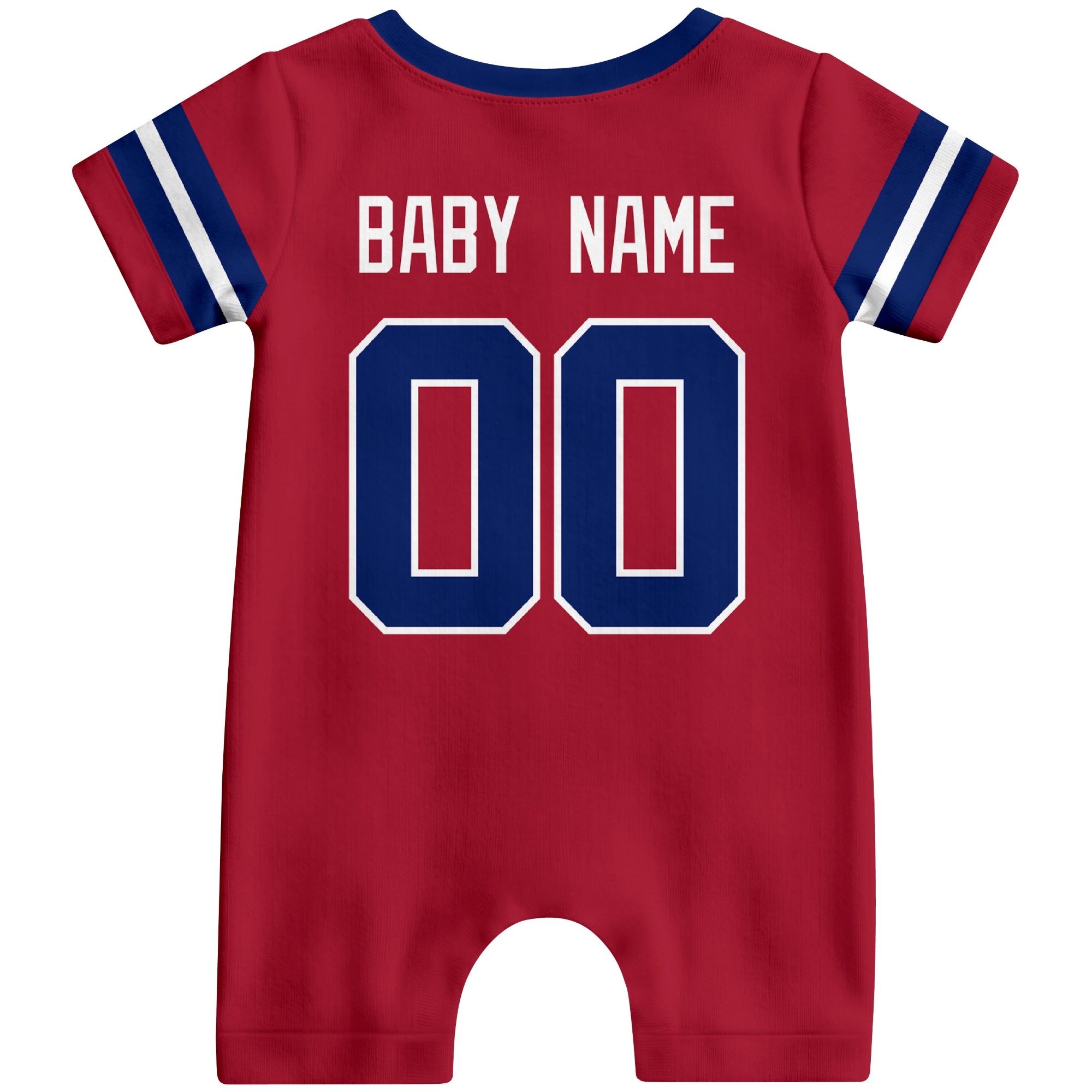 Back view of custom football-style baby onesie in Red personalized with name and number