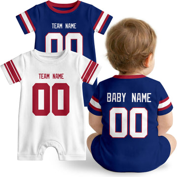 Baby wearing custom football-style onesie in Royal, White, and Red with personalized name and number