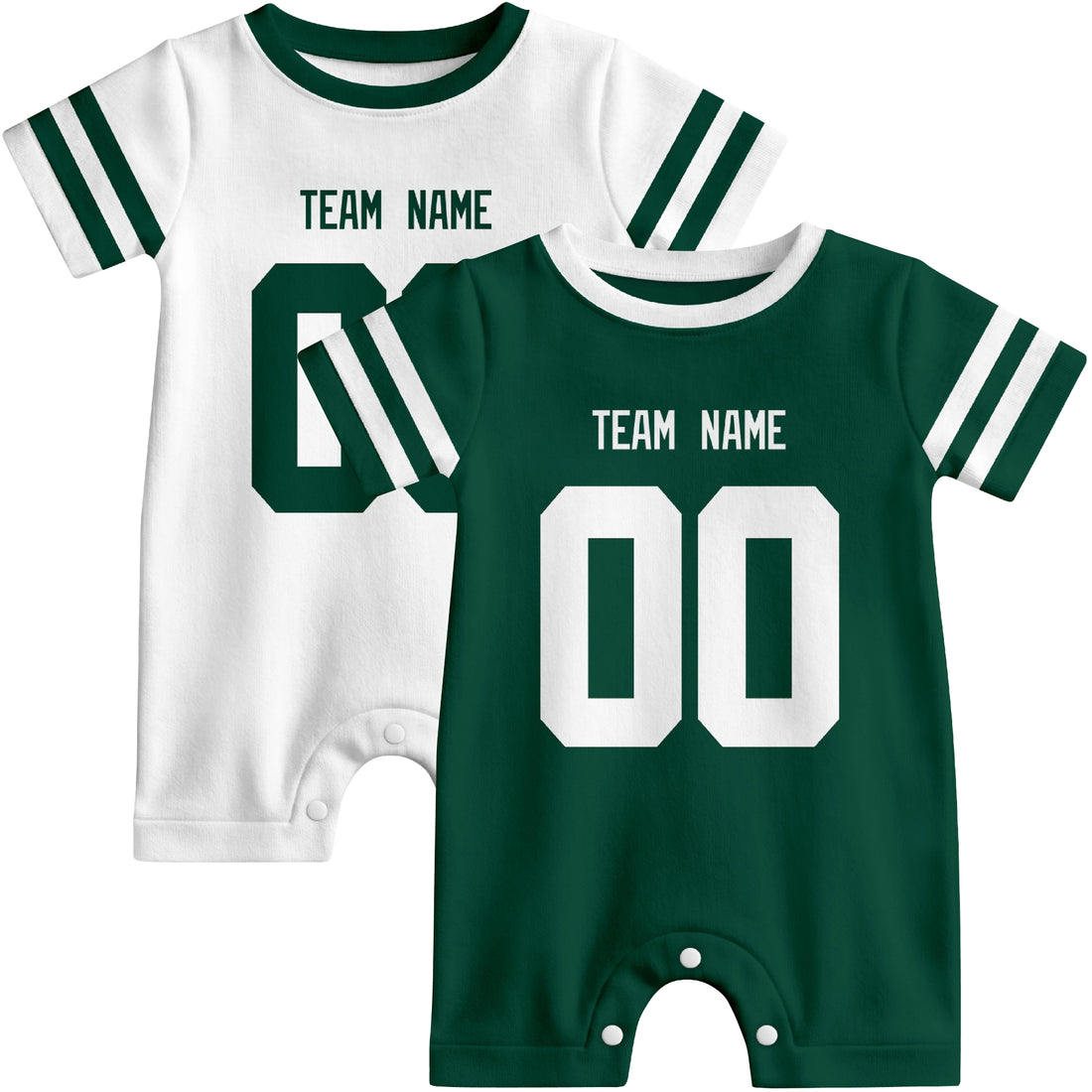 Baby wearing custom football-style onesie in Green, White, and Black with personalized name and number