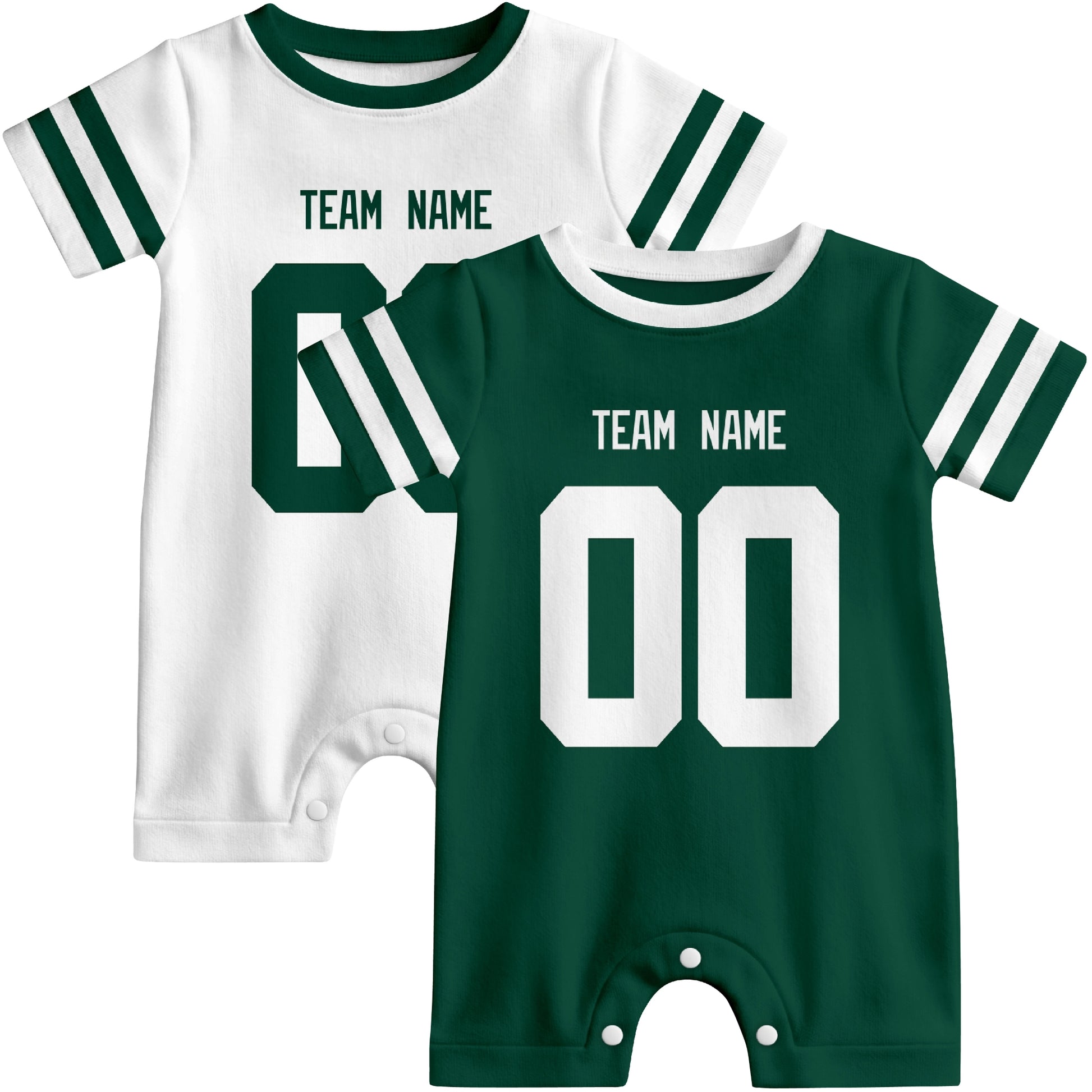 Custom football-style baby onesie color options in Green and White