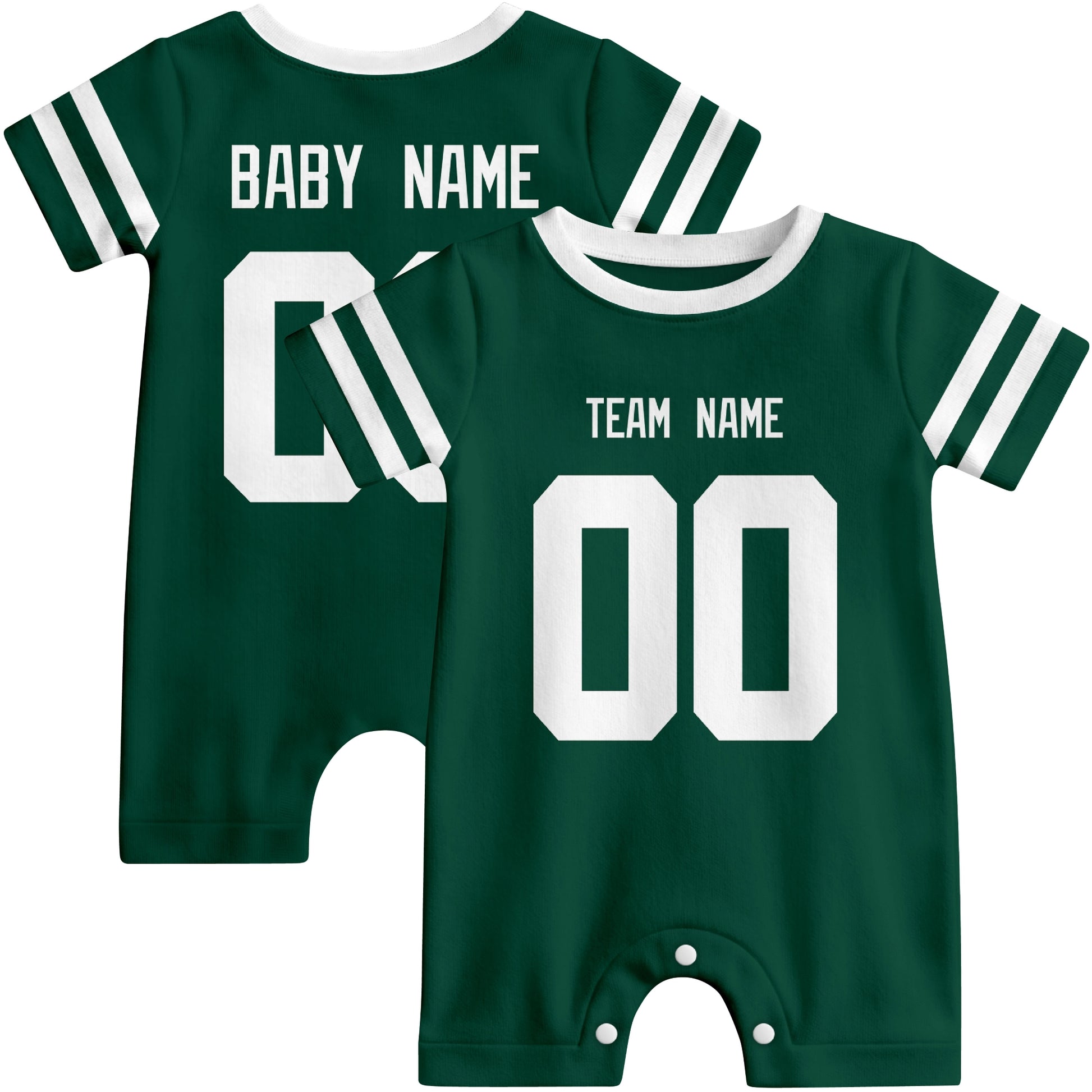 Front and back views of custom football-style baby onesie in Green and White colors with personalized details
