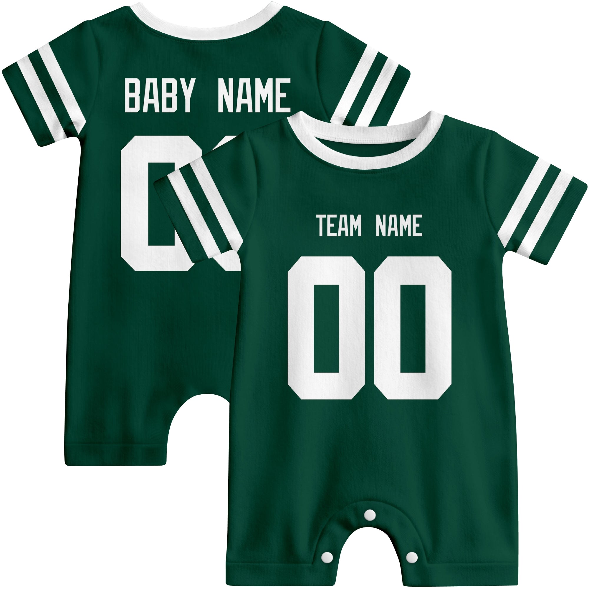 Front and back views of custom football-style baby onesie in Green and White colors with personalized details