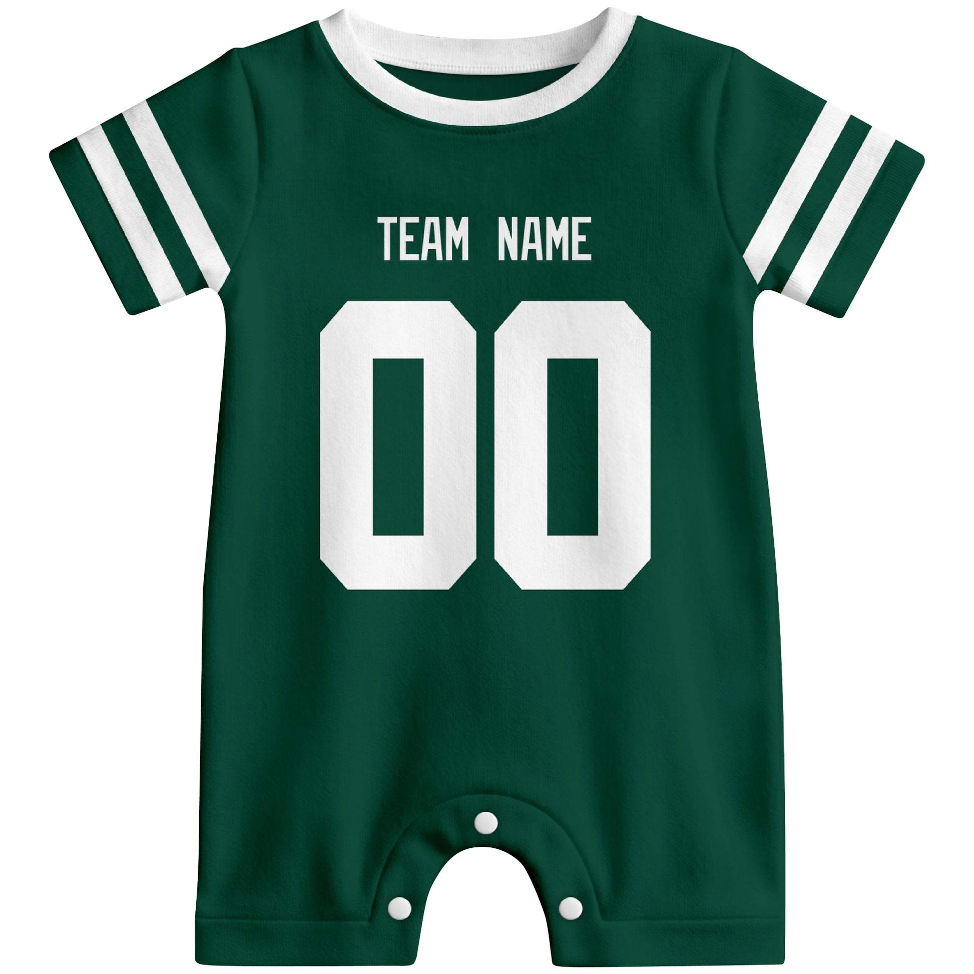 Front view of custom football-style baby onesie in Green personalized with team name and number