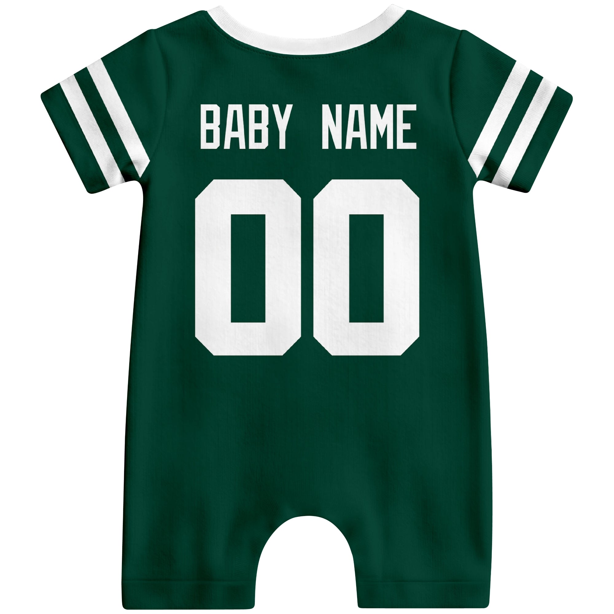 Back view of custom football-style baby onesie in Green personalized with baby name and number