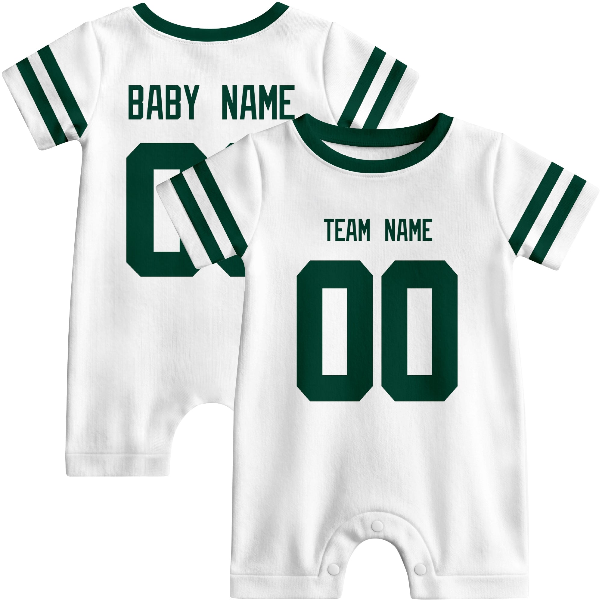 Front and back views of custom football-style baby onesie in White and Green colors with personalized details