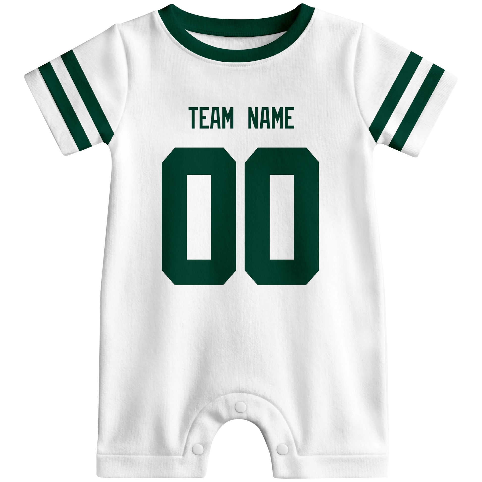 Front view of custom football-style baby onesie in White personalized with name and number
