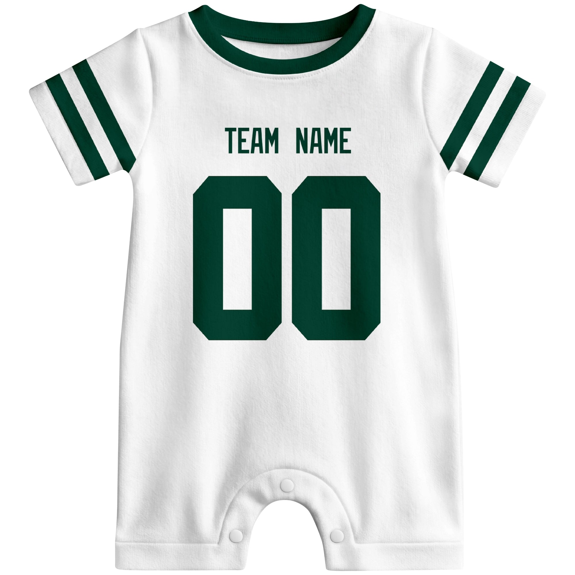 Front view of custom football-style baby onesie in White personalized with name and number