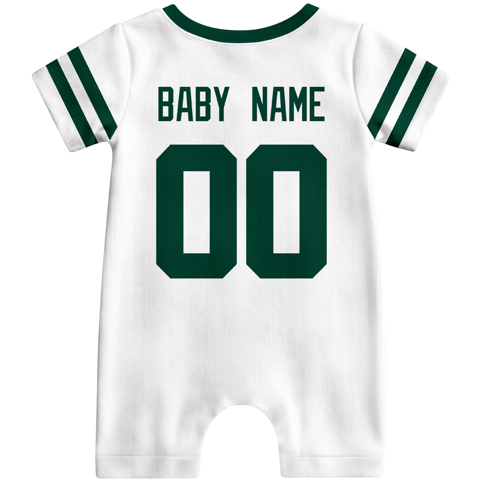 Back view of custom football-style baby onesie in White personalized with name and number