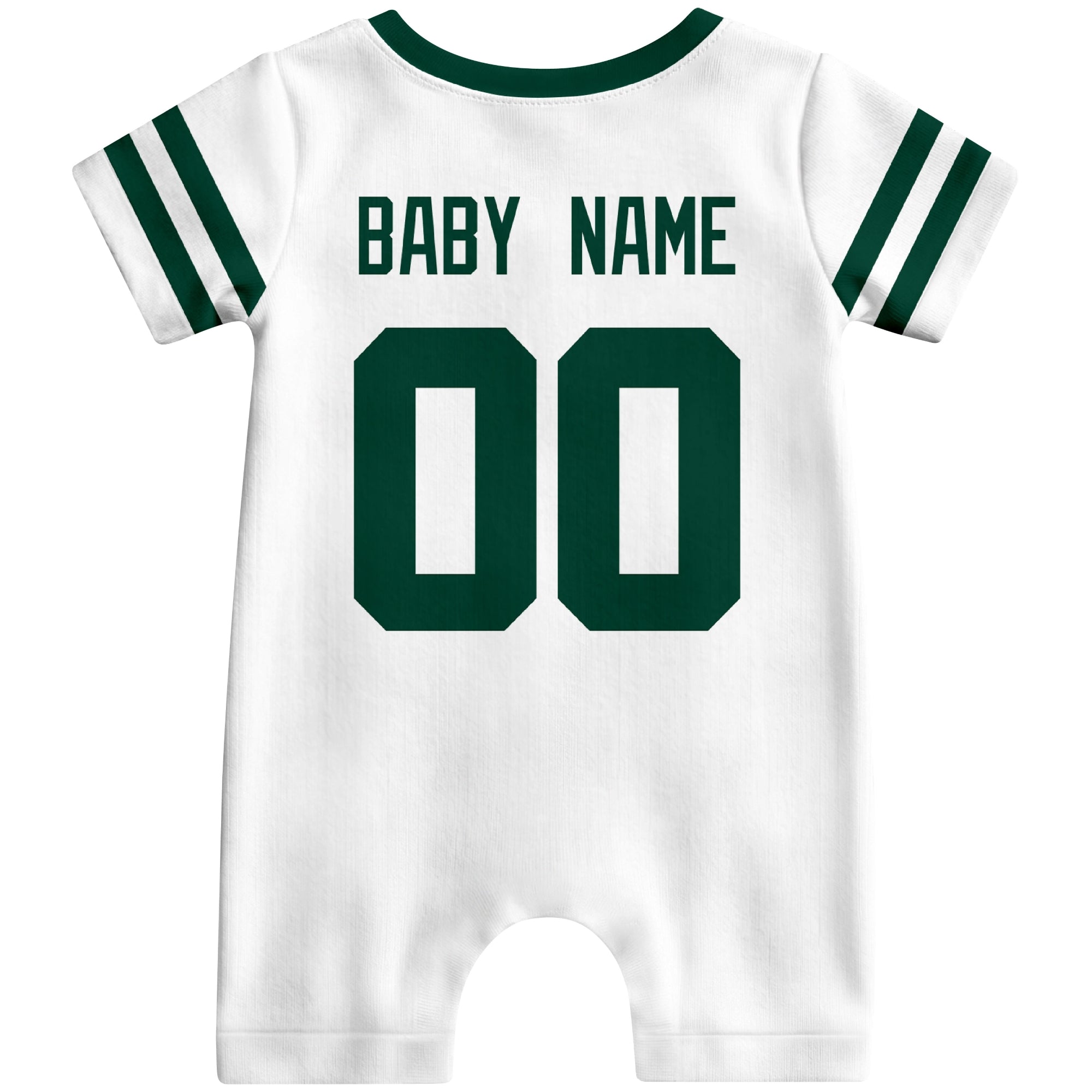 Back view of custom football-style baby onesie in White personalized with name and number