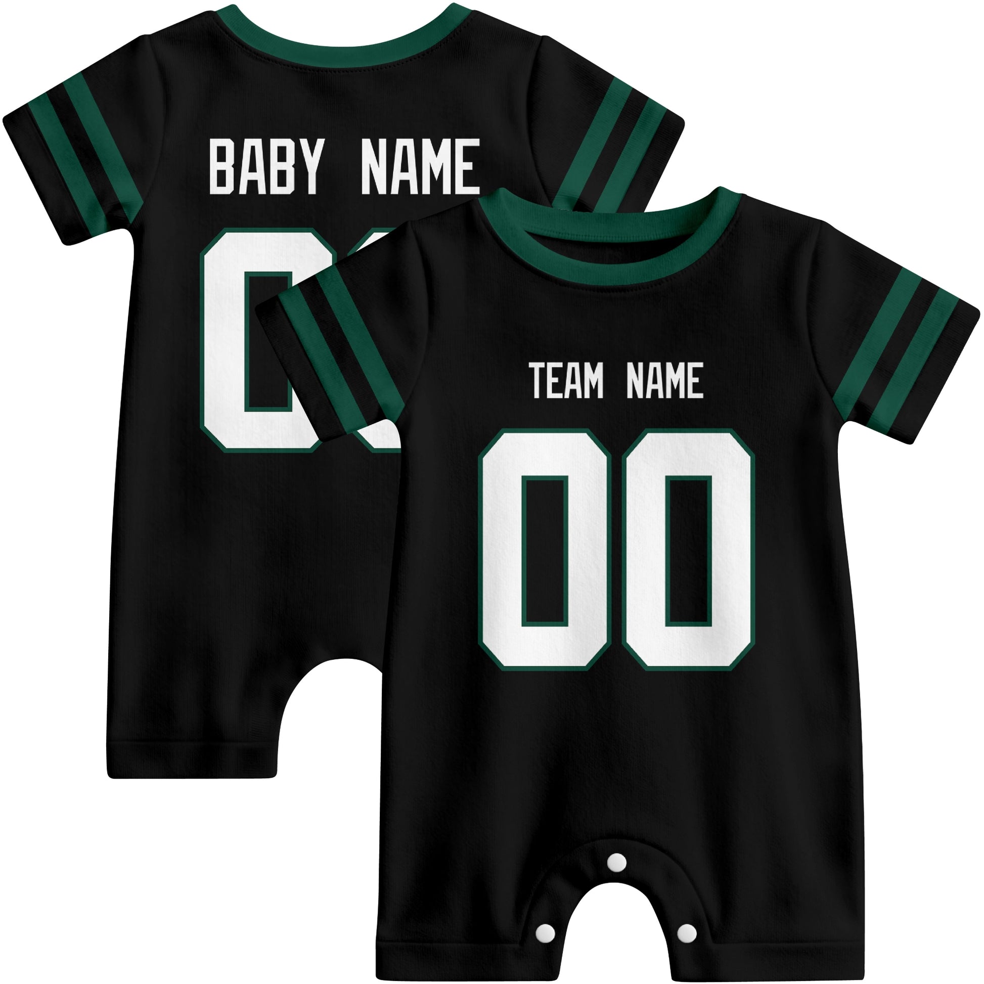 Front and back views of custom football-style baby onesie in Black and Green colors with personalized details