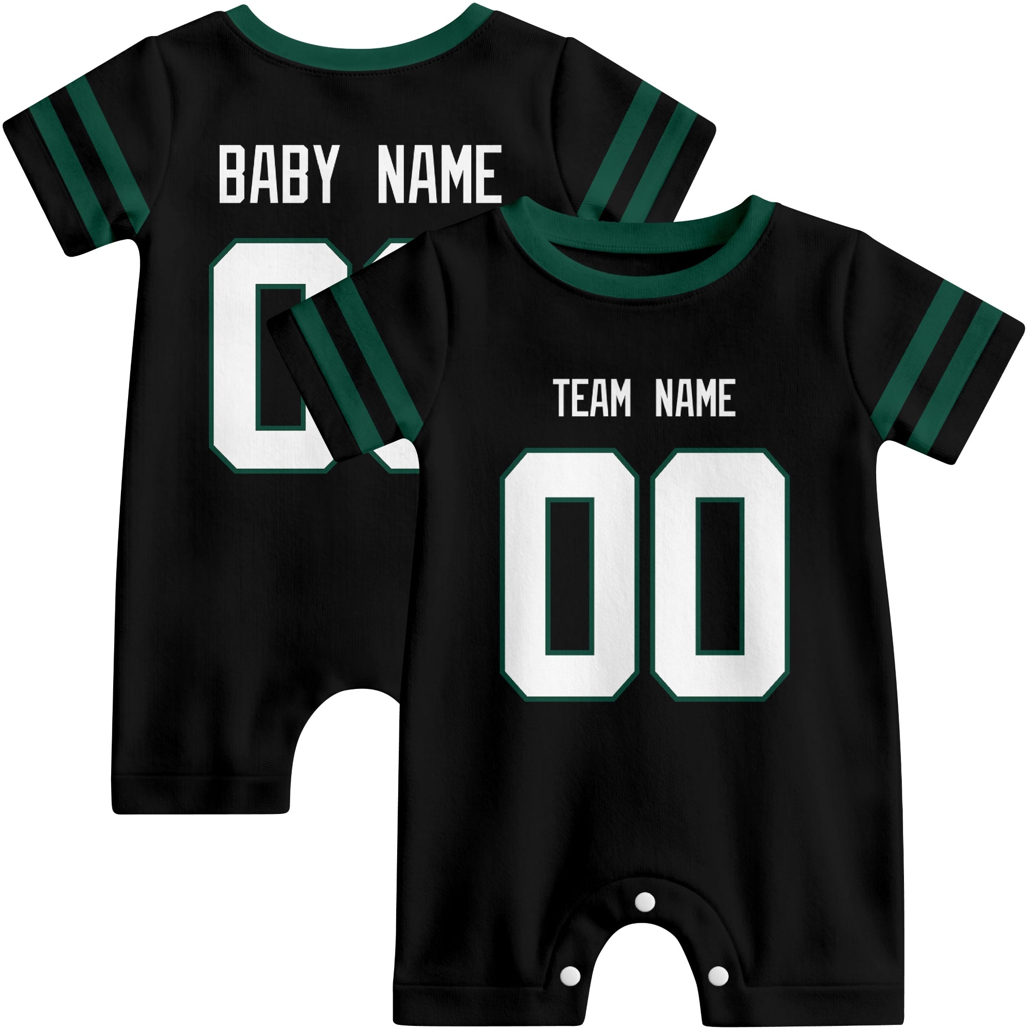 Front and back views of custom football-style baby onesie in Black and Green colors with personalized details