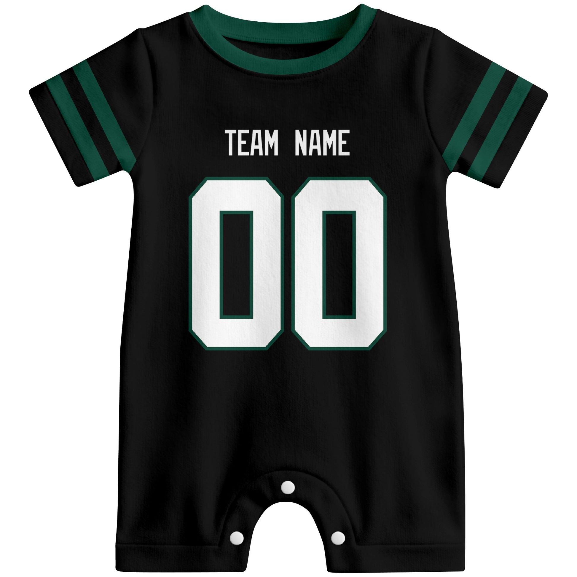 Front view of custom football-style baby onesie in Black personalized with name and number